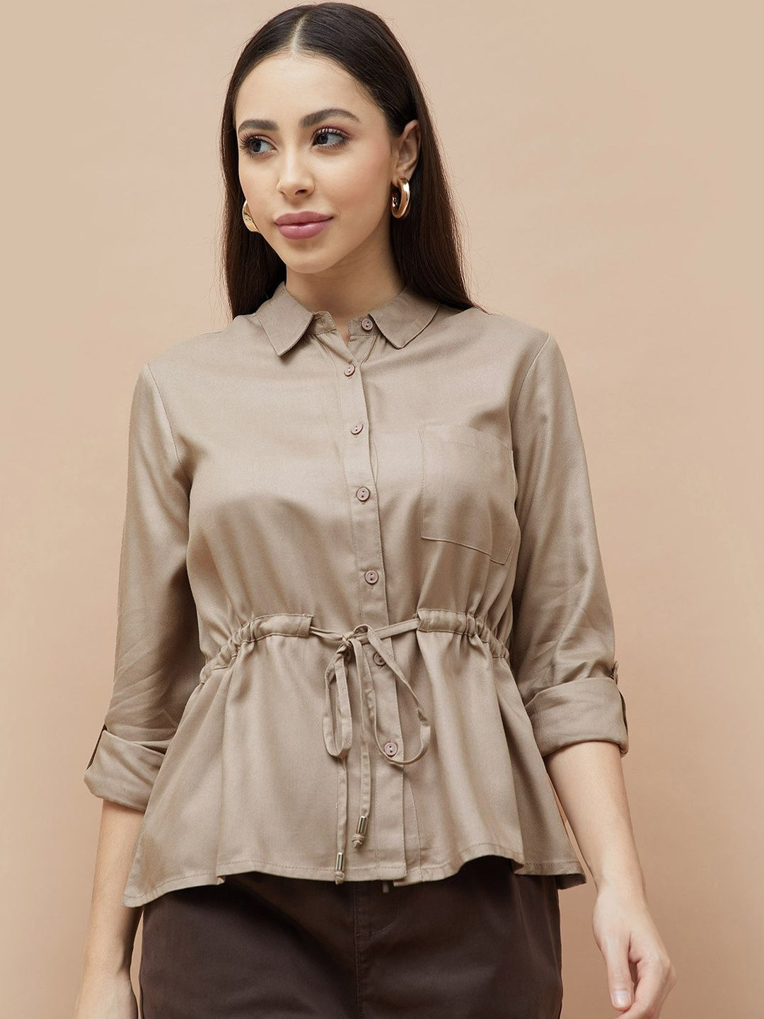 Fame Forever by Lifestyle Shirt Collar Roll-Up Sleeves Slim Top