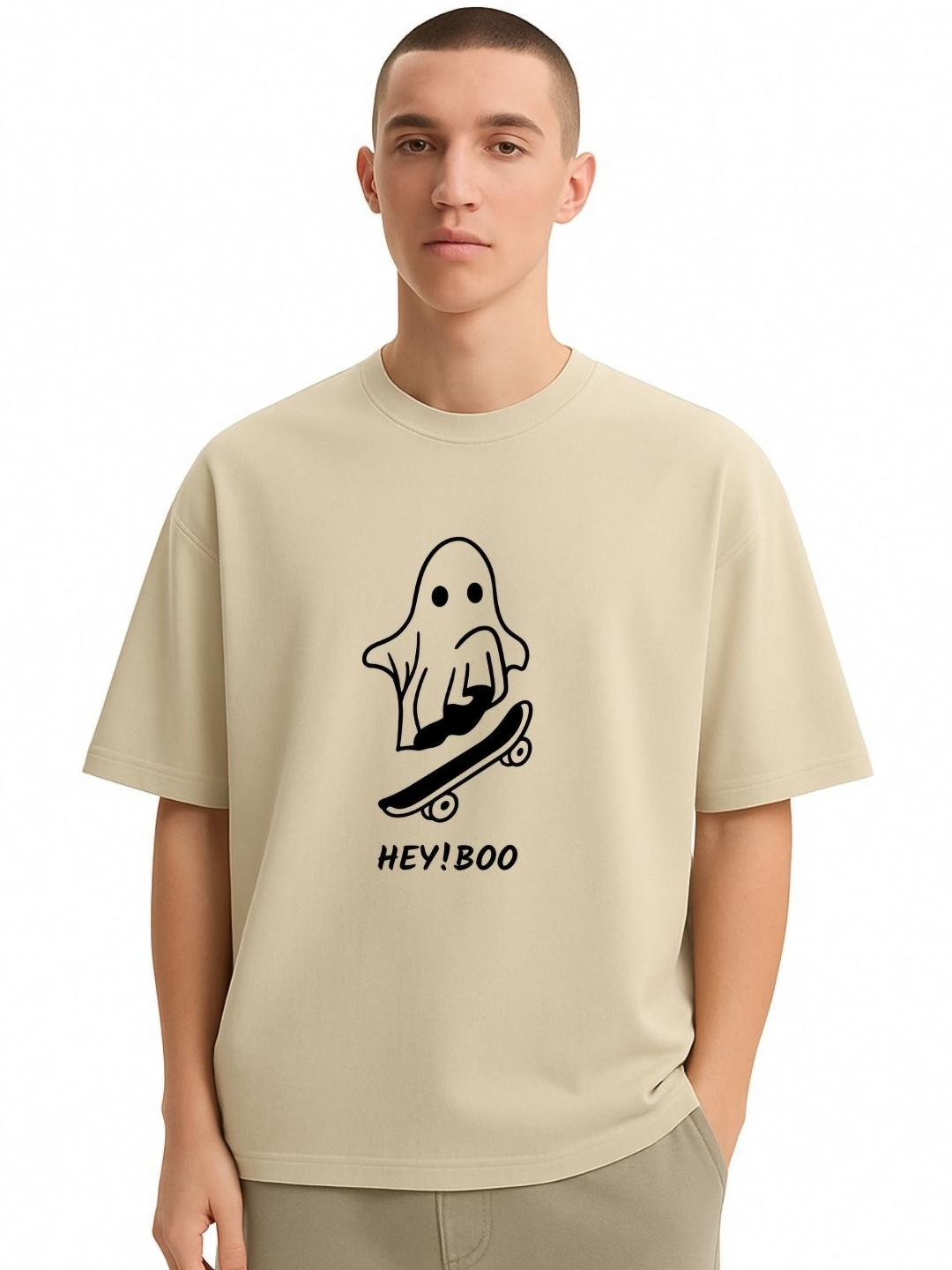 Fashnobic Men Dri-FIT Trendy Hey Boo Printed Round Neck Cotton Oversized T-shirt