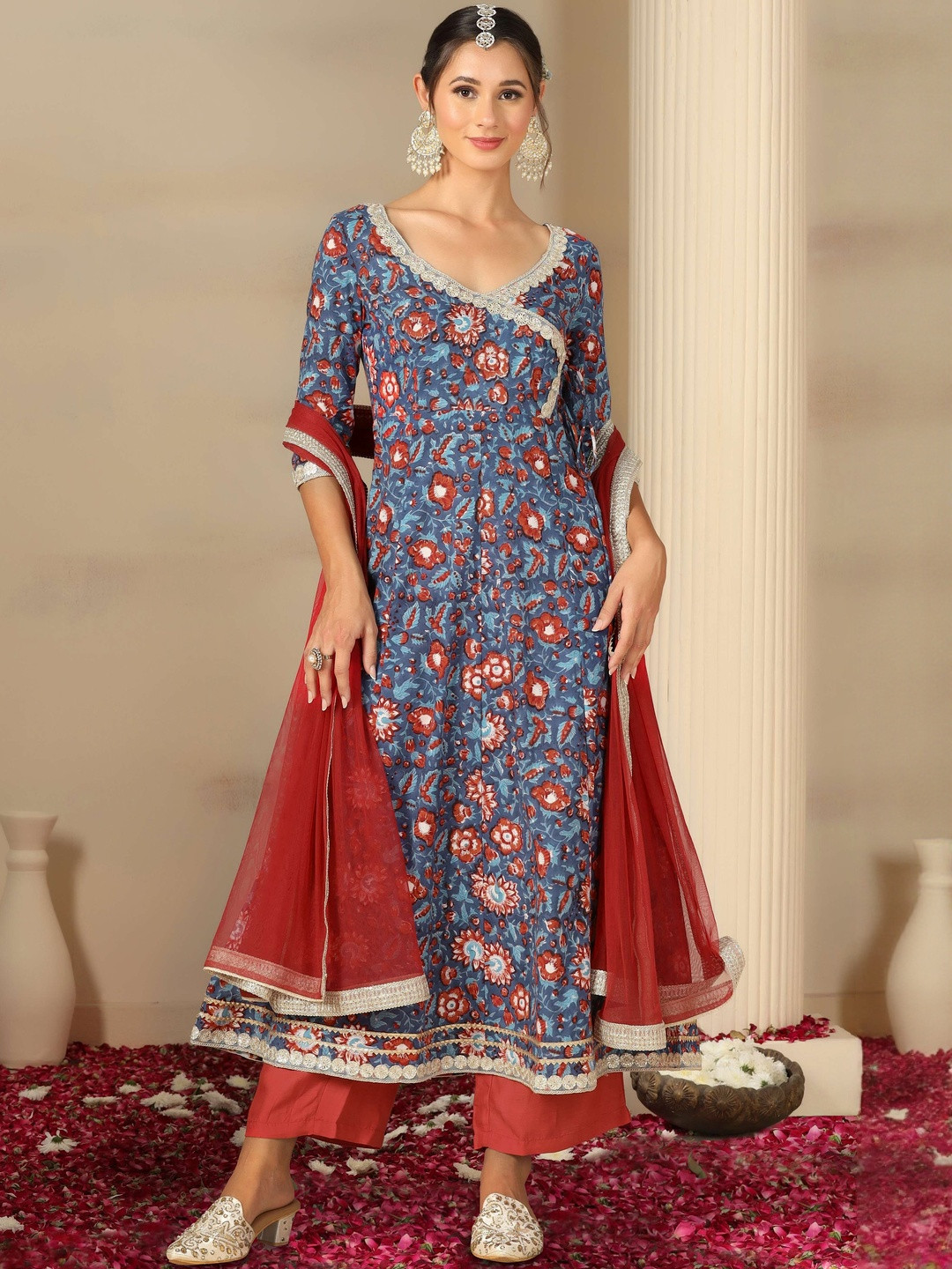 FLY STITCH Women Floral Printed Angrakha Gotta Patti Pure Cotton Kurta Set With Dupatta
