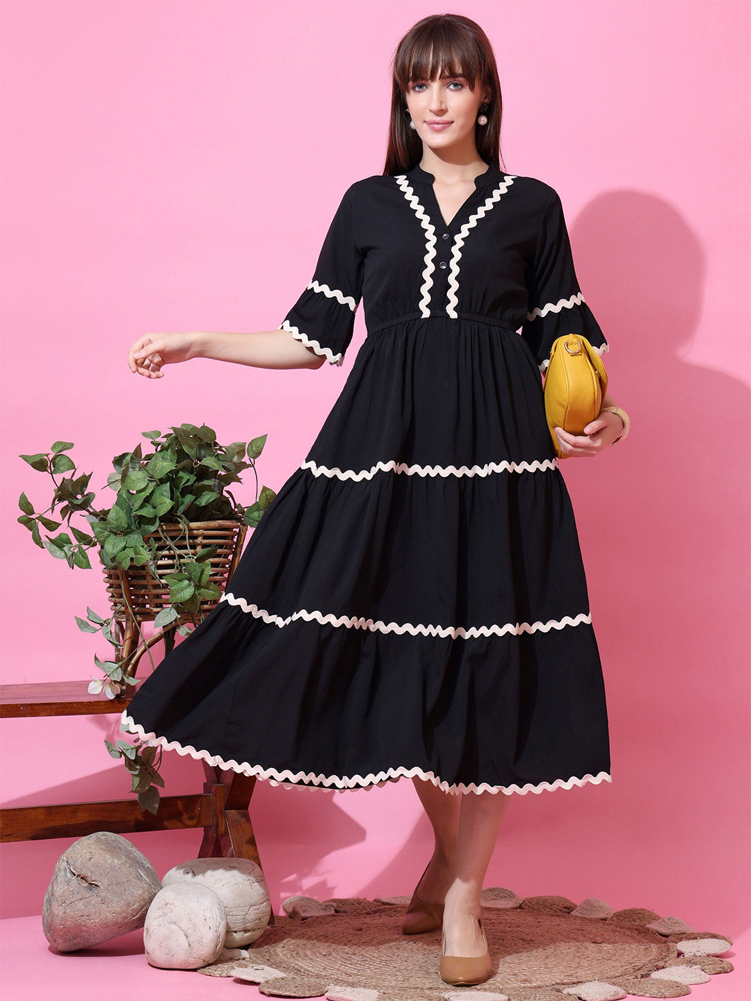 Honky Tonky Solid Ruffled Fit and Flare Midi Dress