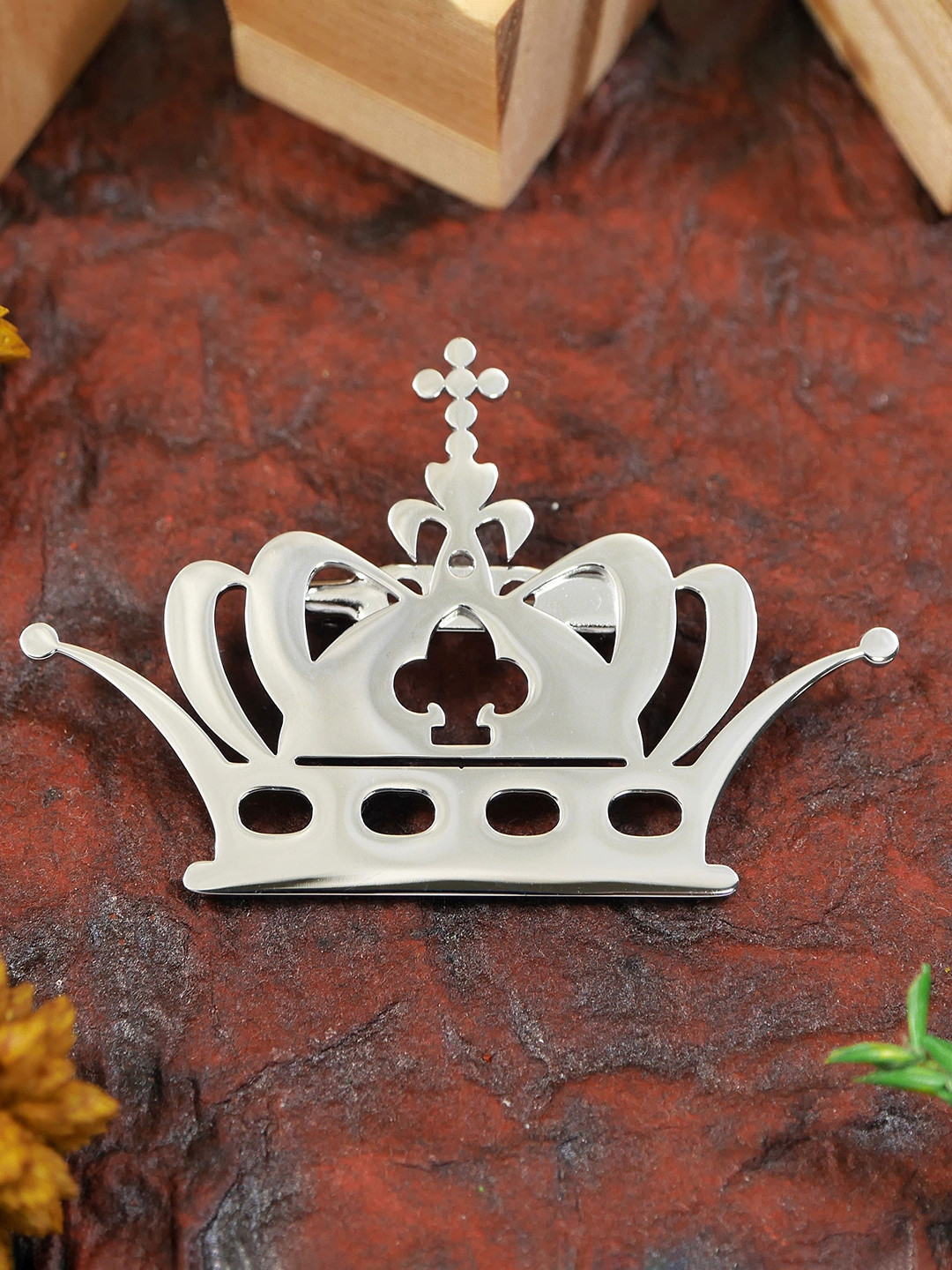 ADORN Stainless Silver Silver-Plated Crown Minimal Brooch