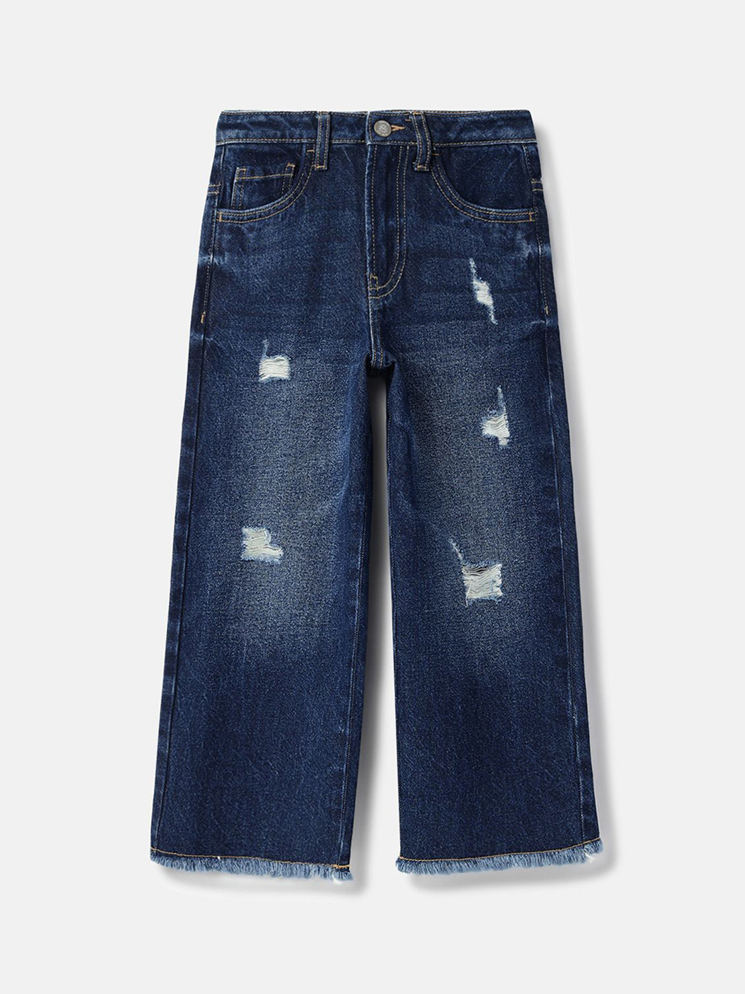 United Colors of Benetton Girls Wide Leg Mid-Rise Damaging Frayed Hem Cotton Jeans