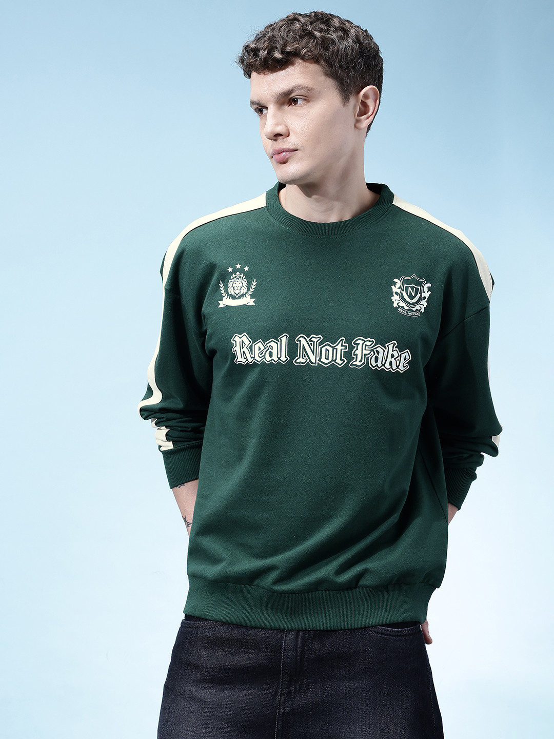 glitchez Typography Printed Drop-Sleeves Relaxed Fit Terry Sweatshirt