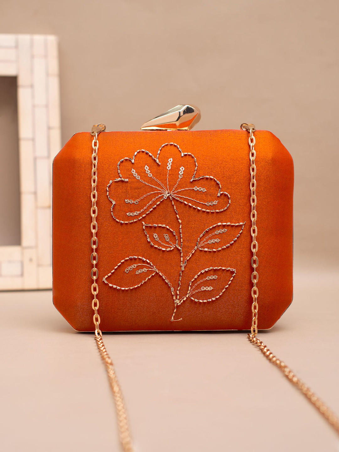 ARTKLIM Sunset Ember Bloom Floral Embroidered Embellished Box Clutch