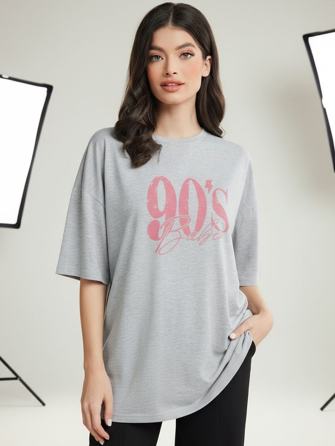 Mast & Harbour Women Typography Printed Round Neck Cotton Oversized T-shirt