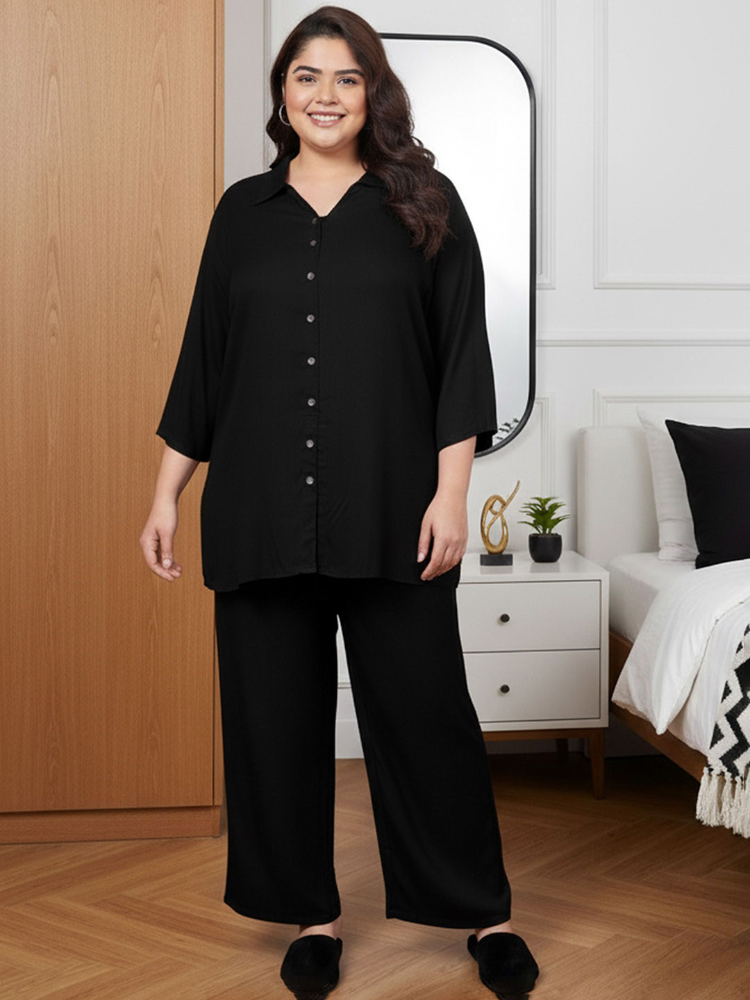 Indietoga Shirt Collar Plus Size Longline Shirt With Pyjama