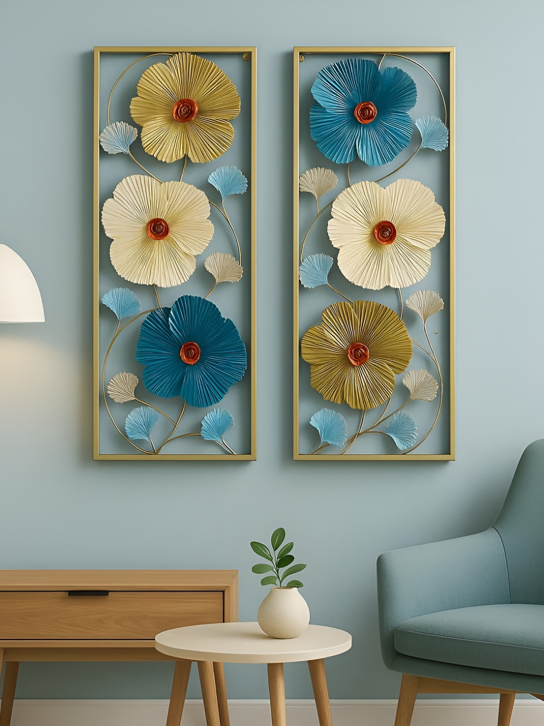 PRANJALS HOUSE Pack of 2 Unisex Floral Elegance Blue & Red 3D Floral Pattern Wall Frames