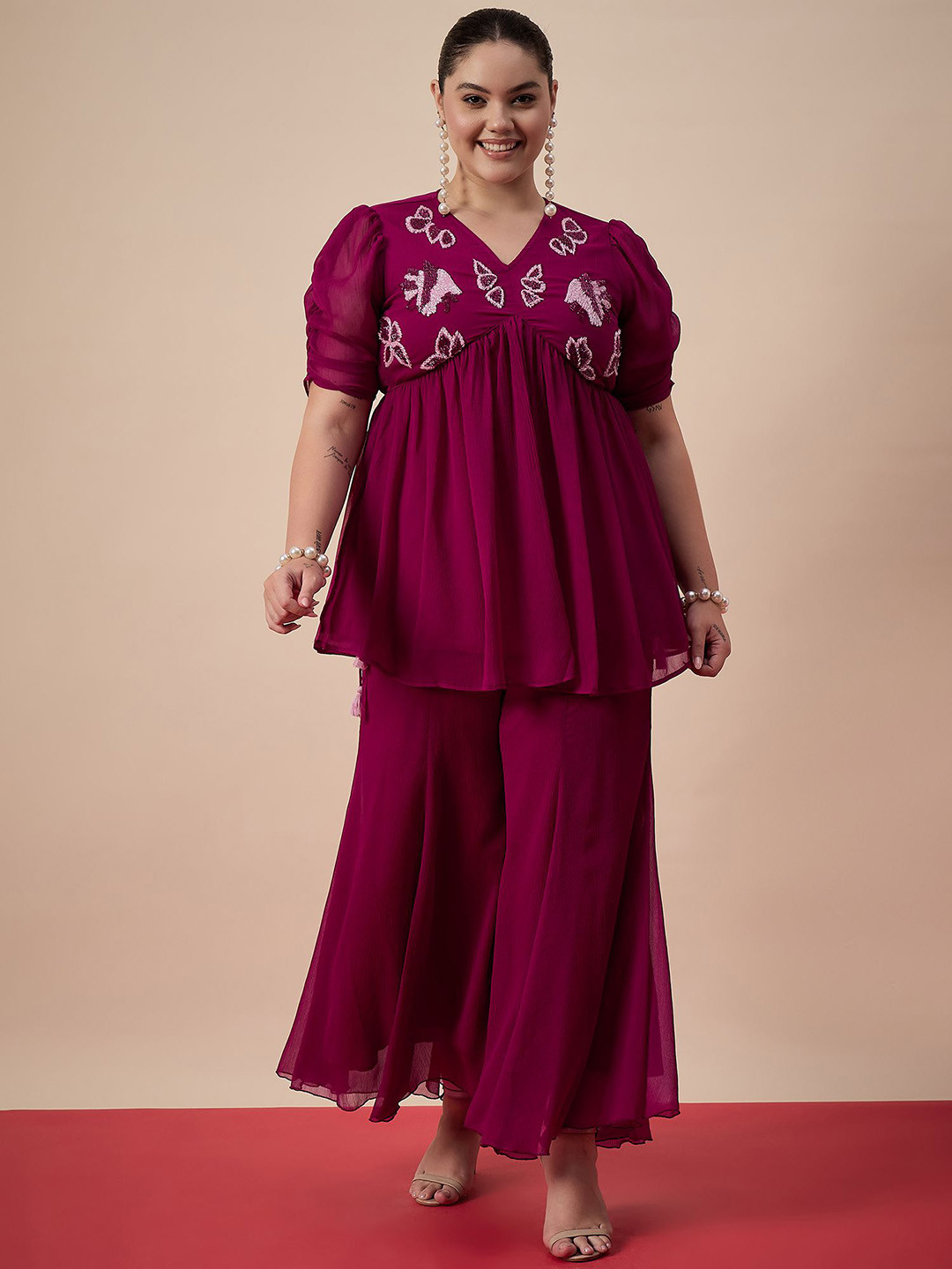 Antheaa Curve  Embellished Top With Plaazzos