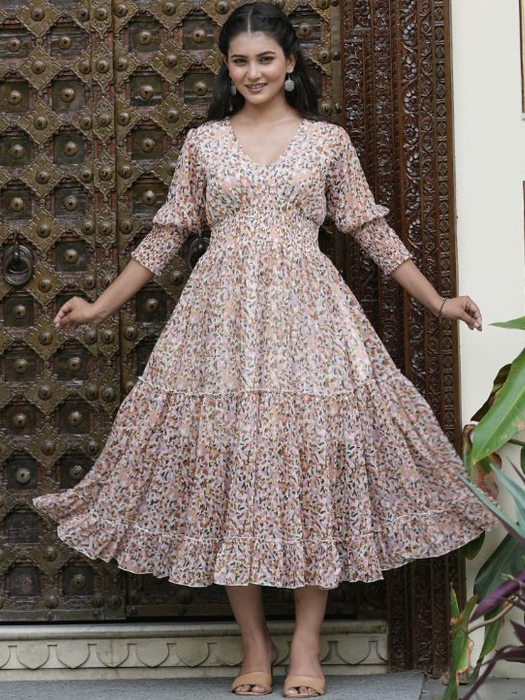 YASH GALLERY Women Animal Printed Chiffon Midi A-Line Dress with Smocked Waist