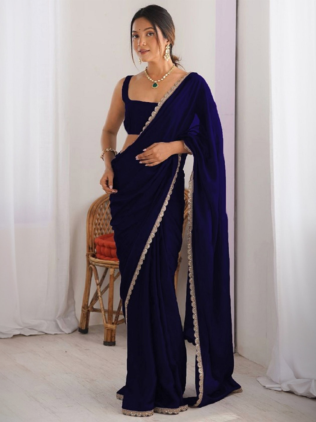 SATAZ Solid Embroidered Pure Georgette One Minute Ready To Wear Saree