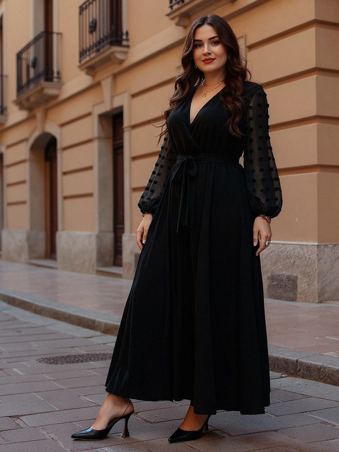 Plus size occaion Bishop Sleeve Wrap Maxi Dress
