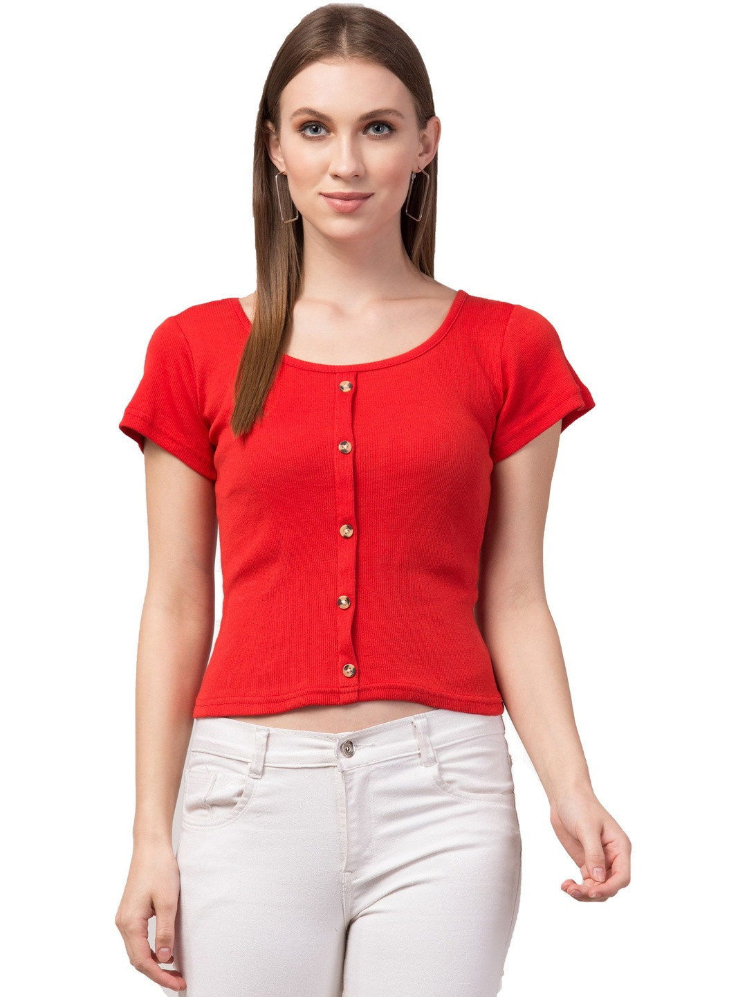 ANBICH DESIGNS Red Ribbed Round Neck Short Sleeves Crop Top