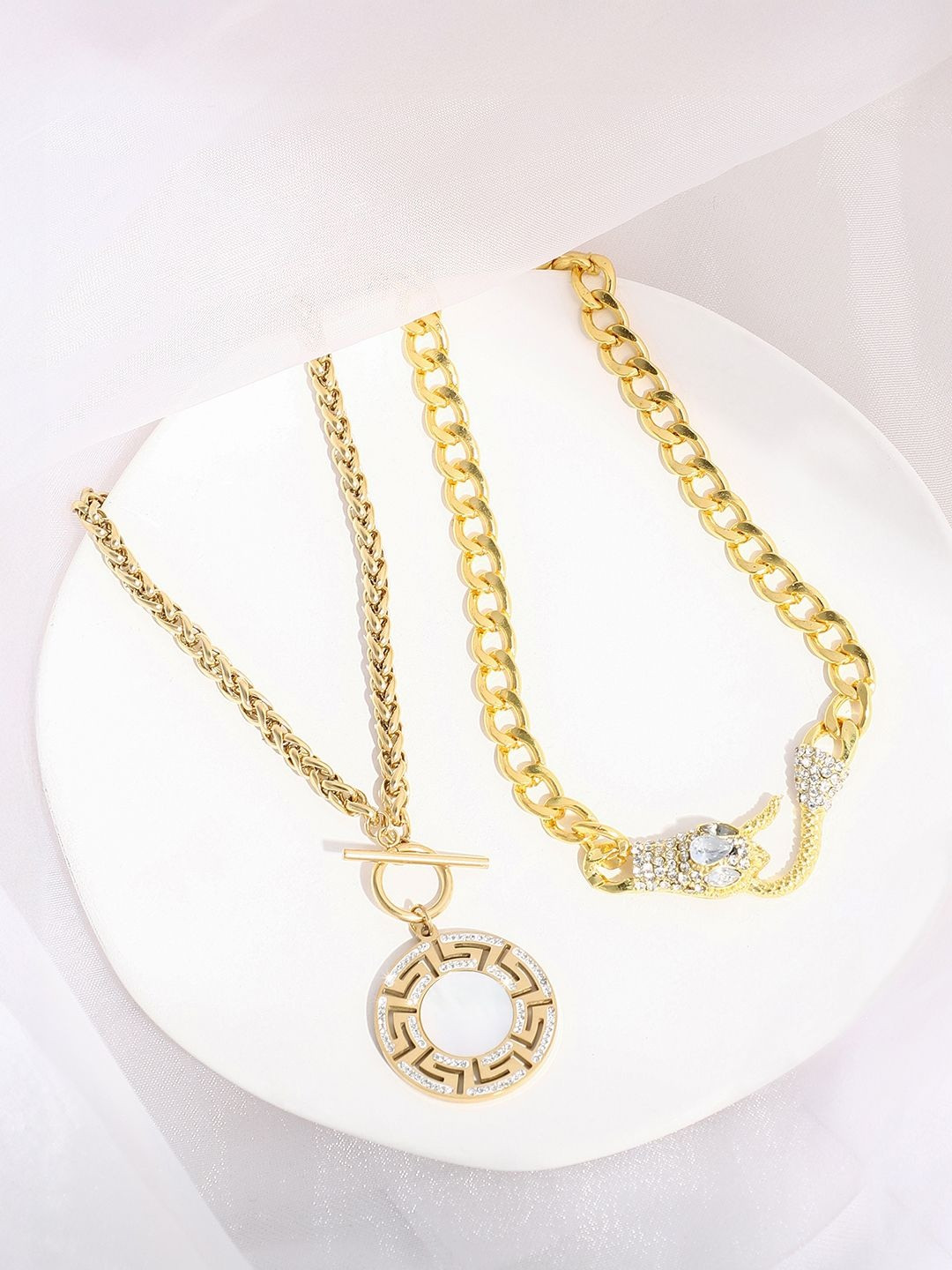 SOHI Women Set of 2 Grecian Gold-Plated White Artificial Stones-Studded Necklaces