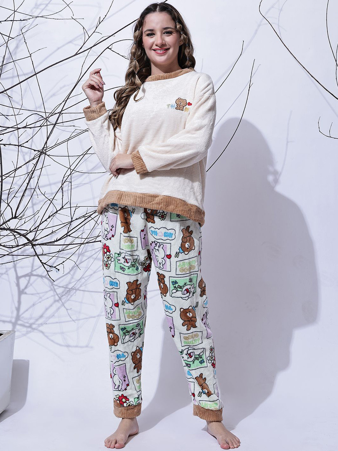 NEUDIS Women Bear Embroidered Top and Printed Joggers Round Neck Woolen Fur Night suit