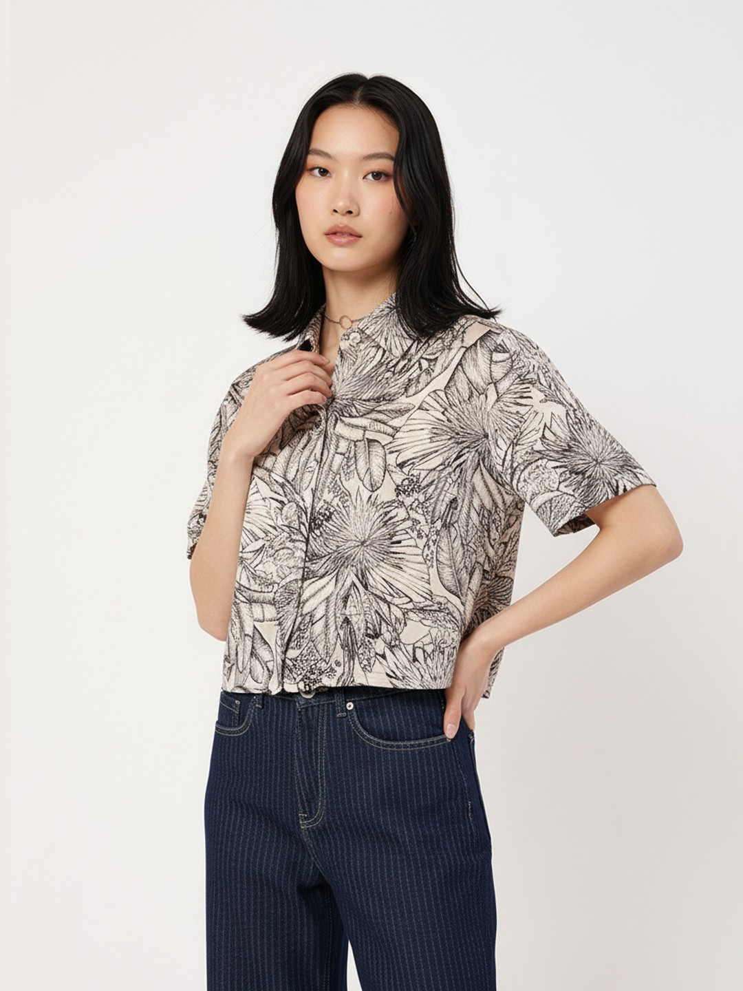 DressBerry Urban Softness Satin Finish Floral Printed Boxy Shirt