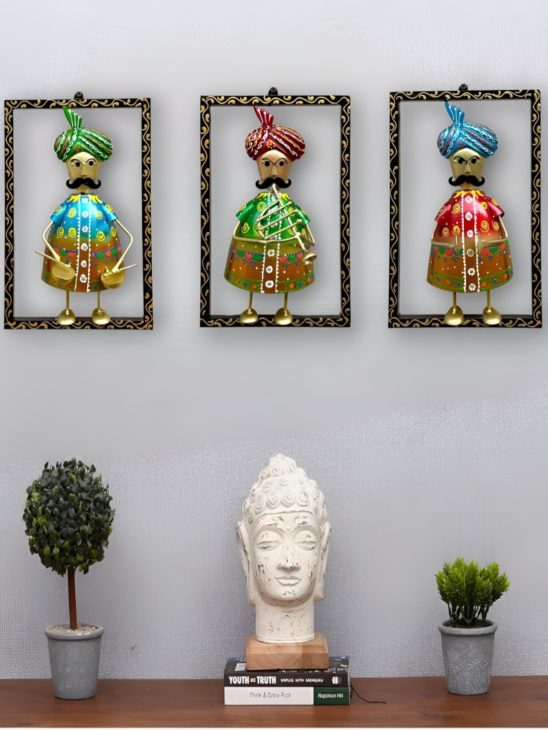 PRANJALS HOUSE Blue & Green 3 Pcs Moustache Musicians Wall Hangings