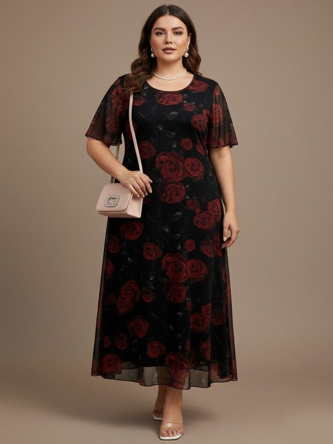 DressBerry Women Red Polyester Scoop Neck Printed Maxi Dress