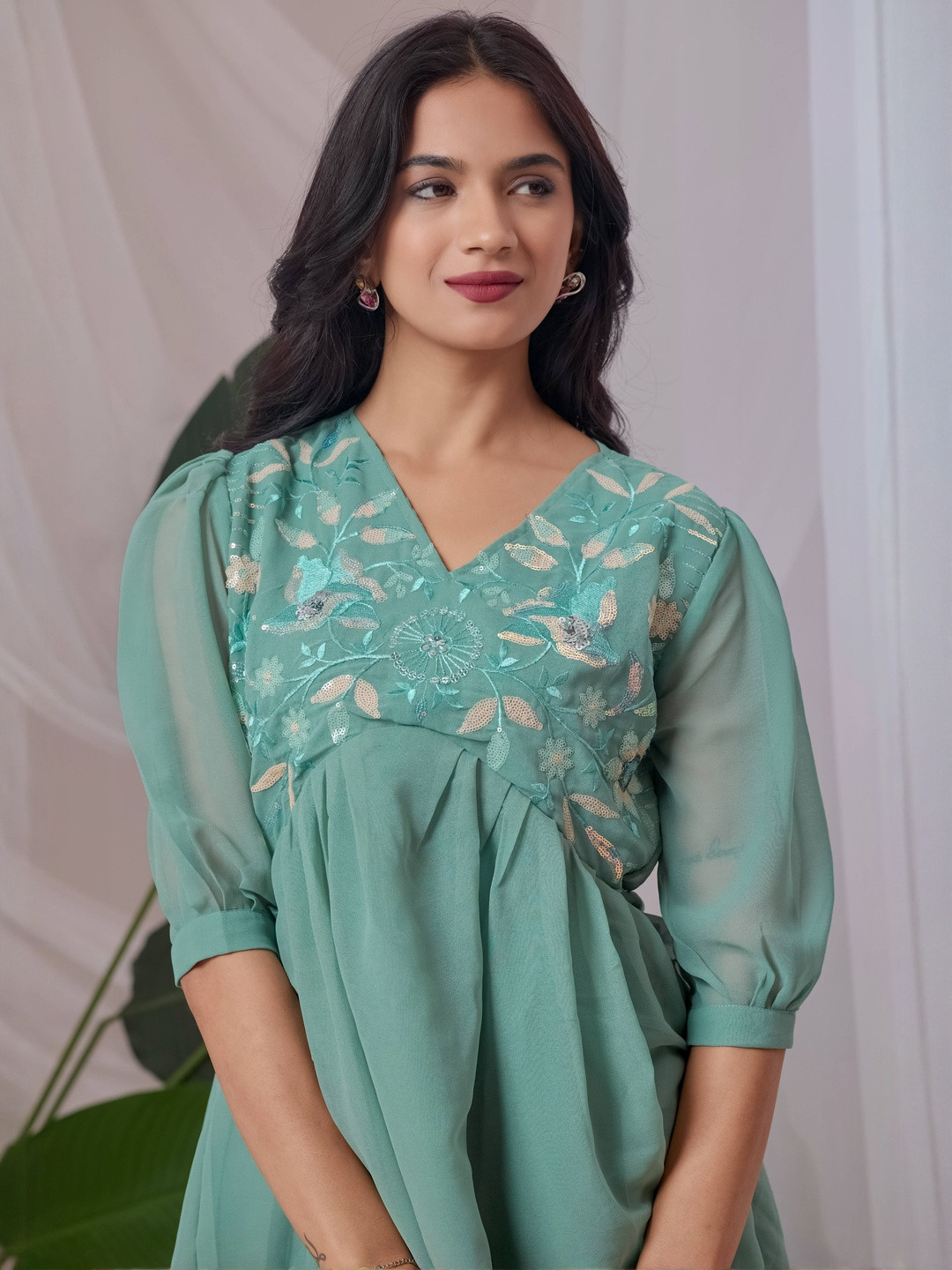 ZELZIS Women Green V-Neck Light Green Georgette Embroidery Tunic Top