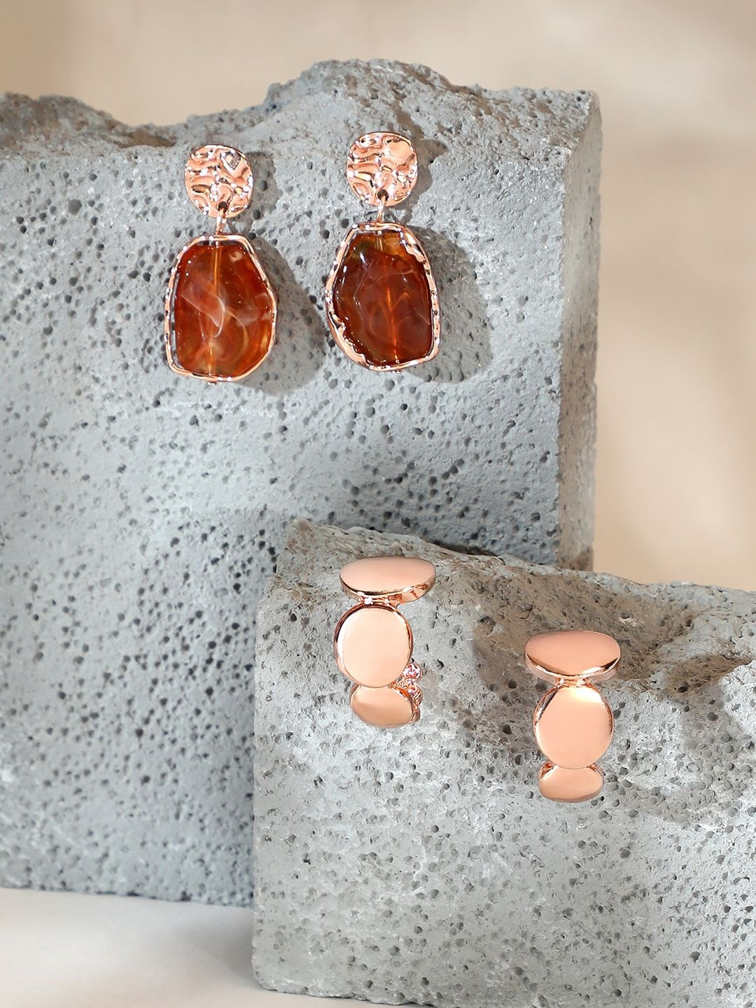 SOHI Pack Of 2 Rose Gold-Plated Contemporary Stones Studded Drop Earrings