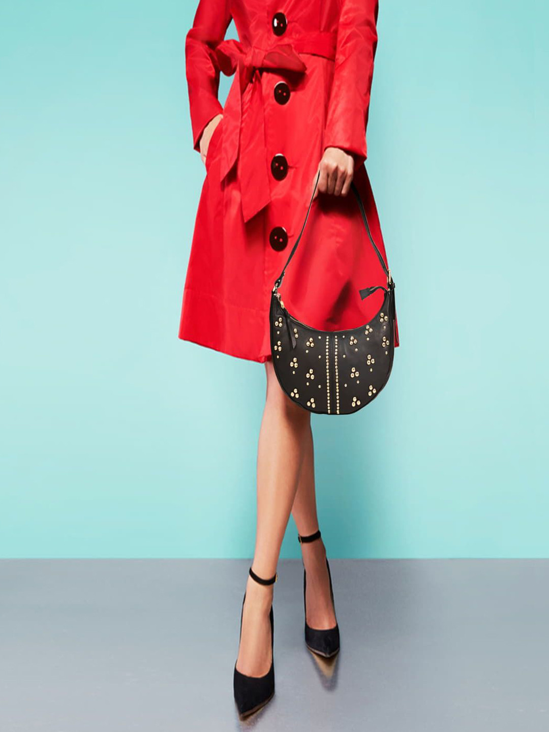 Red Harbour Textured Leather Half Moon Sling Bag With Fringed