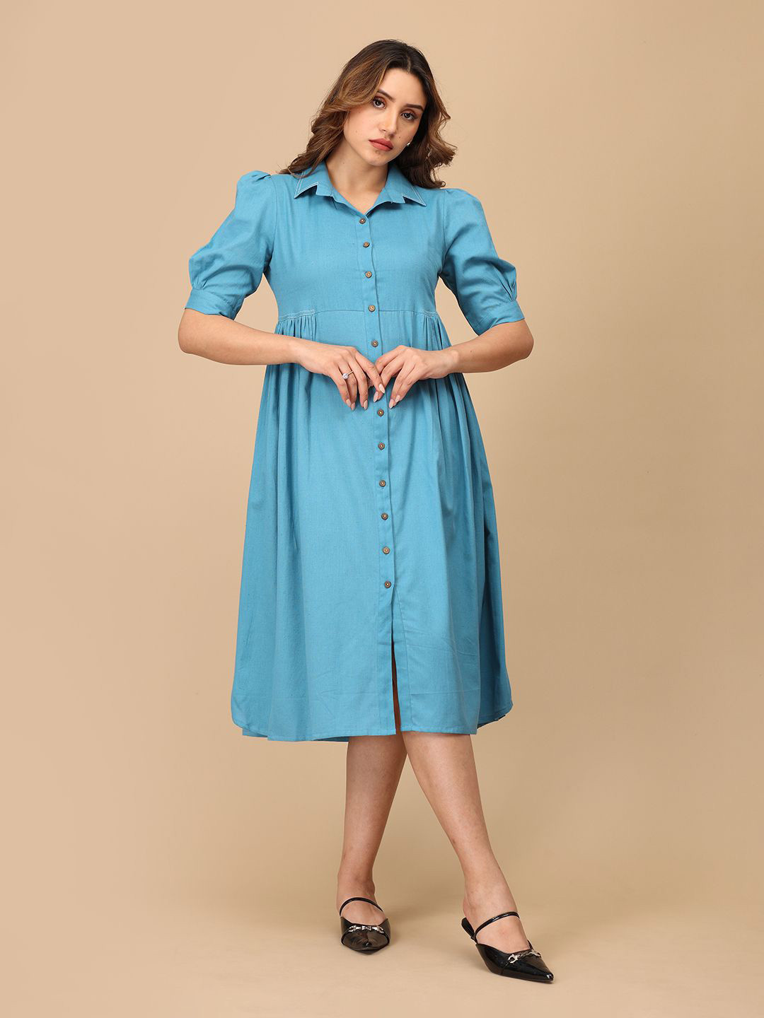 The Woman Store Puff Sleeve Shirt Dress