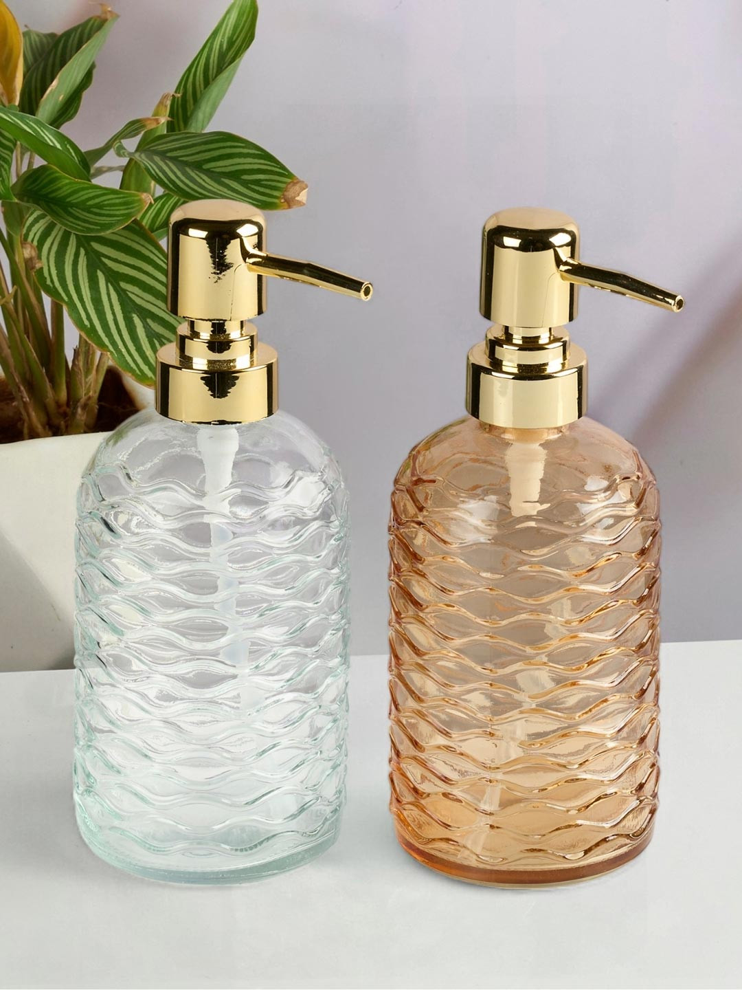 Kookee Orange & Transparent 2 Pieces Textured Glass Soap Dispenser