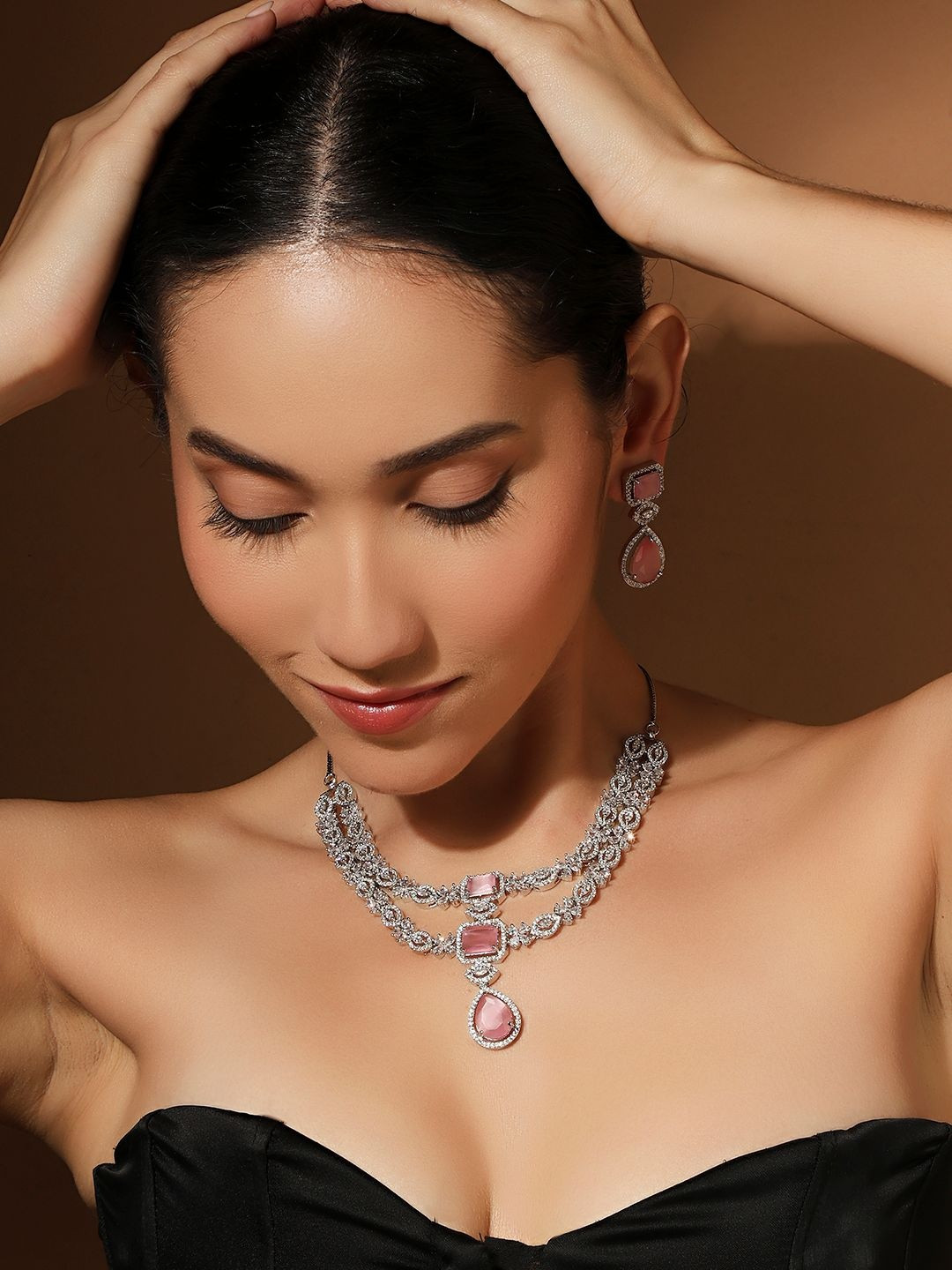 QUEENS NECK Women Brass American Diamond  Glass Moissanite Necklace With Earrings