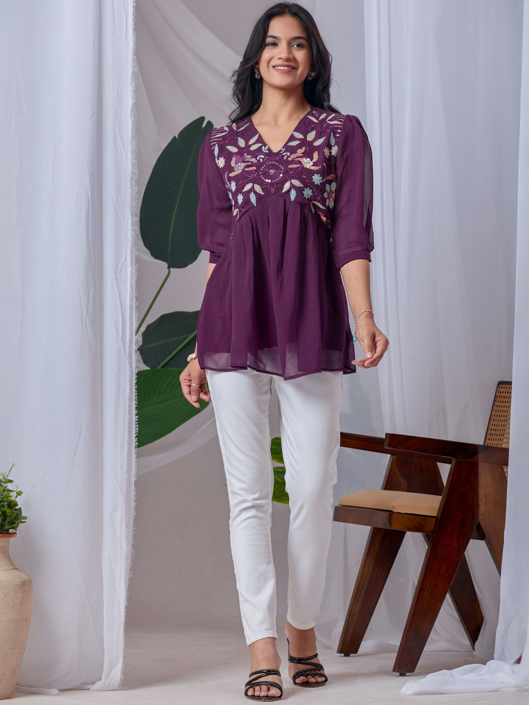 ZELZIS Women Purple Georgette Floral Embroidery Tunic Top