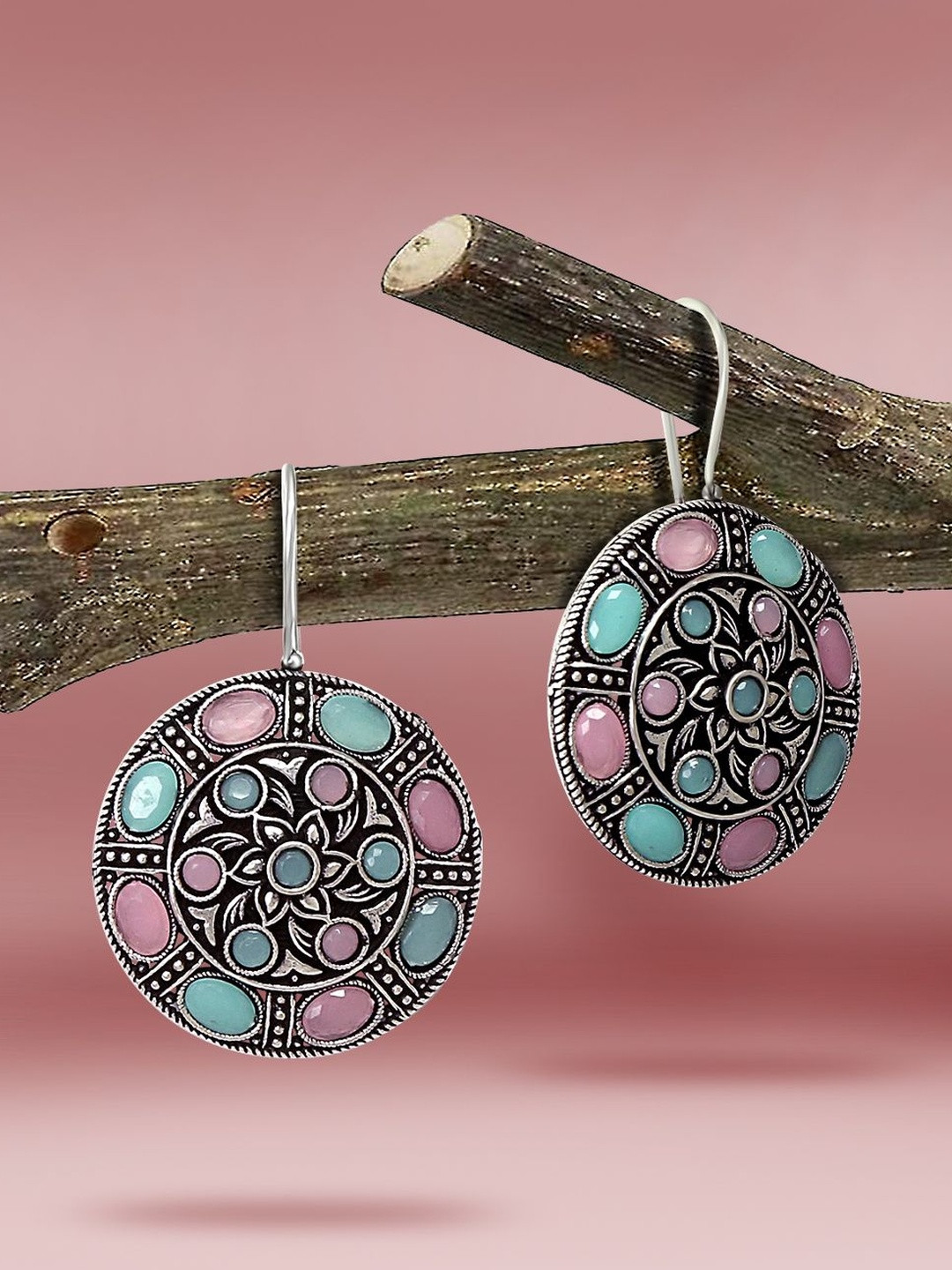 Joy of Jewels Silver Plated Stone Studded Oxidied Earrings