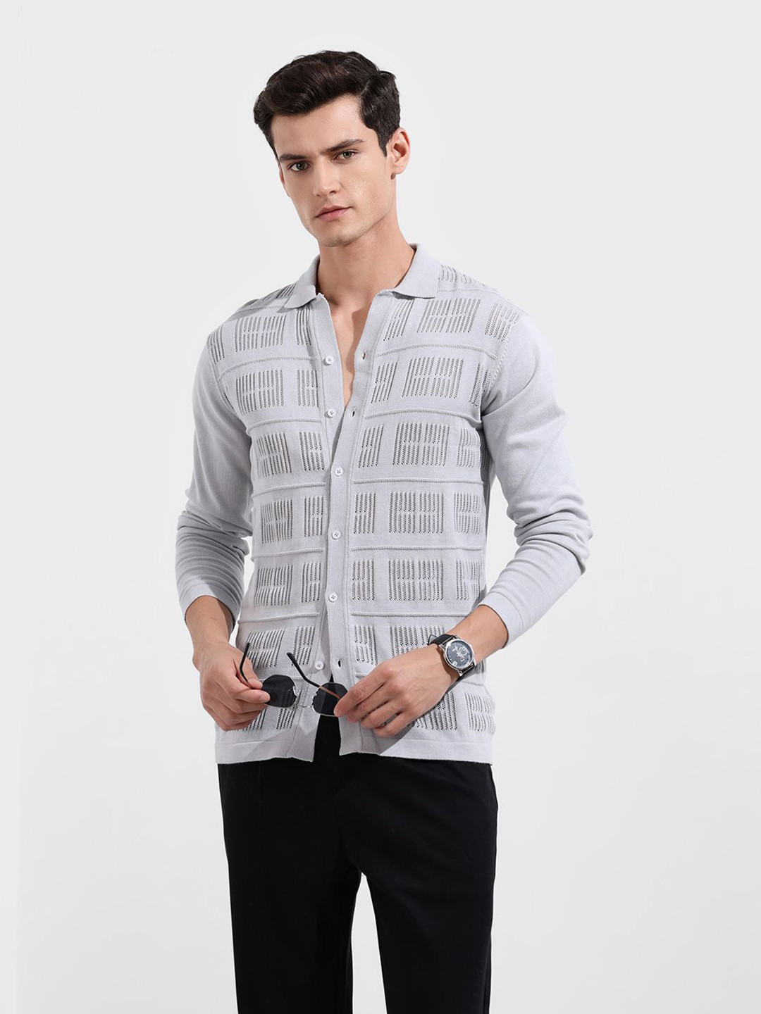 The Indian Garage Co Slim Fit Self Design Semi Sheer Pure Cotton Casual Shirt