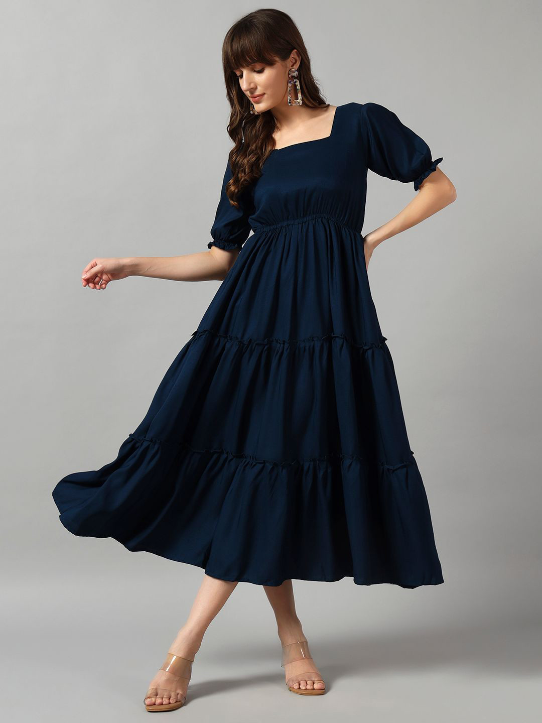 Raiyani Enterprise Square Neck Crepe Fit & Flare Midi Dress