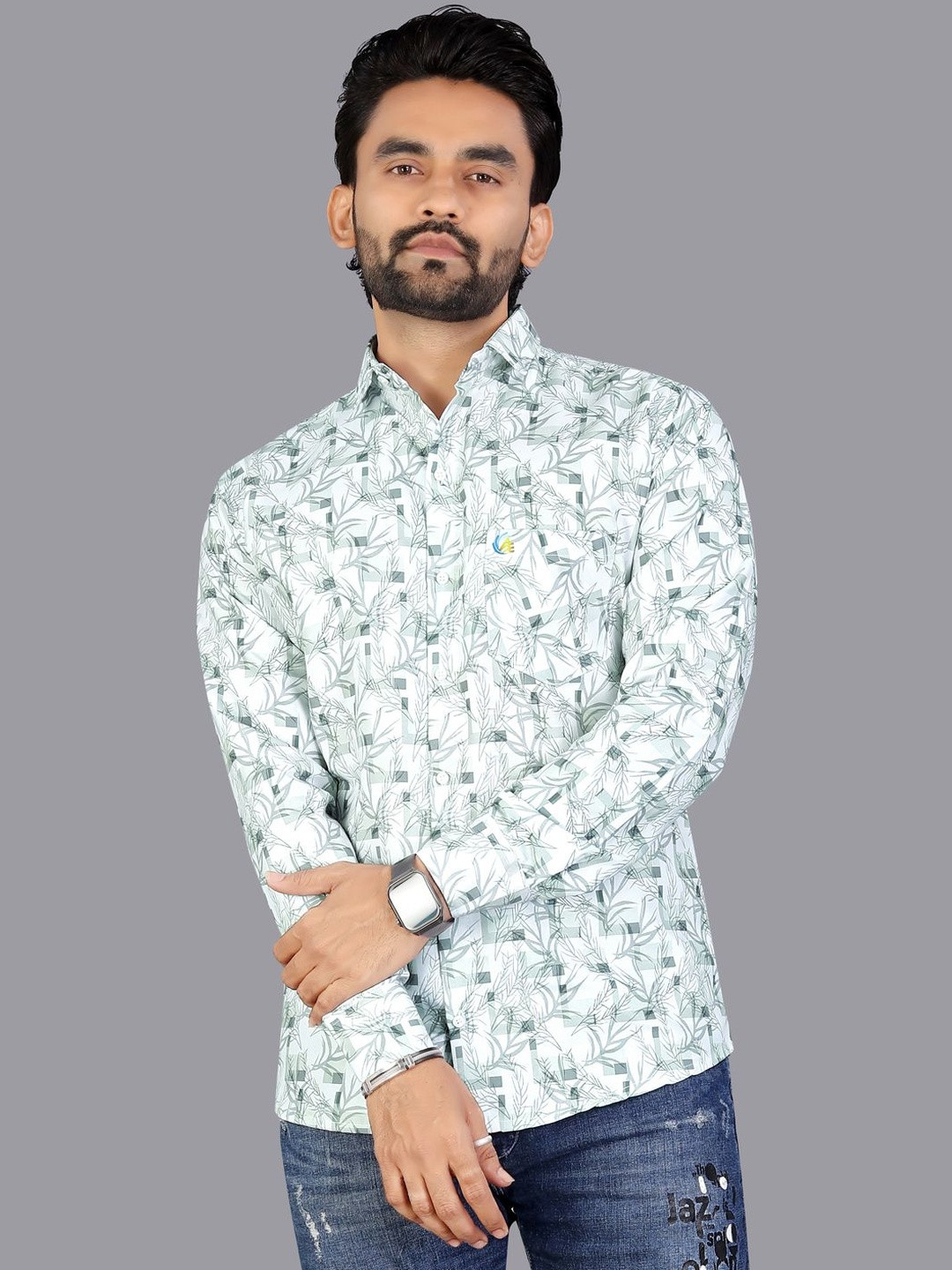 ISUEL FAB Cream Printed Slim Fit Spread Collar Cotton Casual Shirt