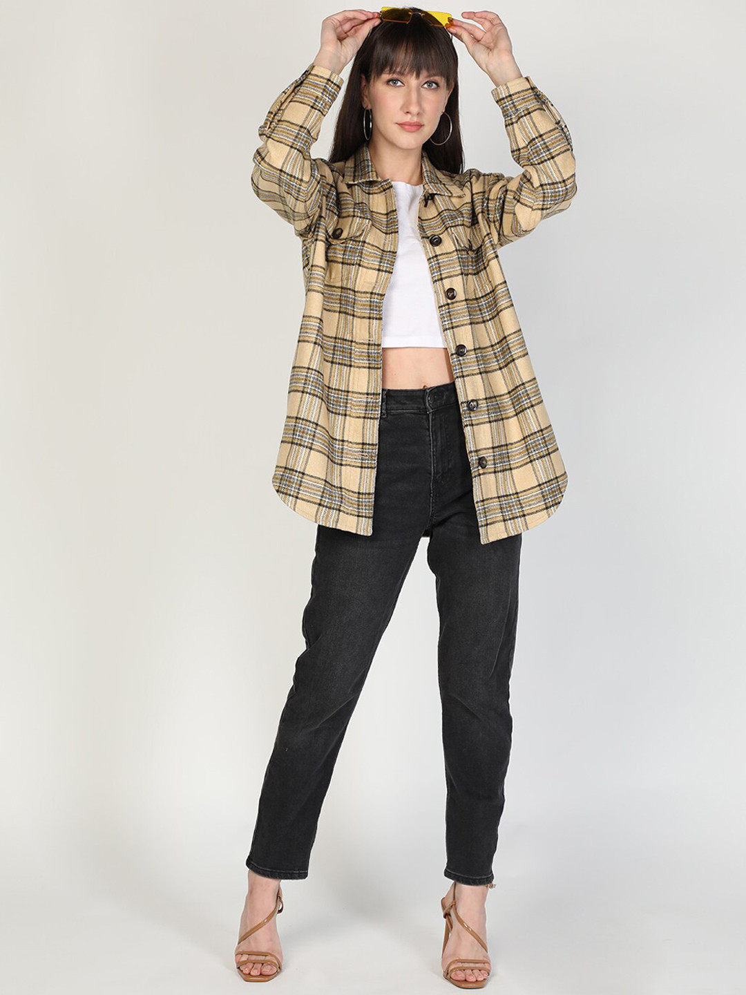 HONNETE Women Beige Black Checked Acrylic Longline Shackets