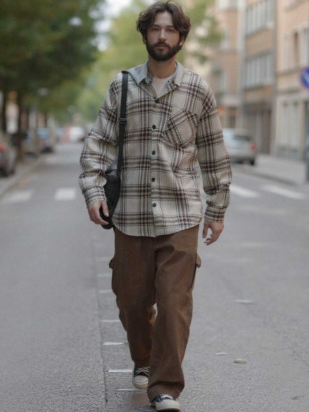 HERE&NOW Brown Hood Checked Men Sweatshirt