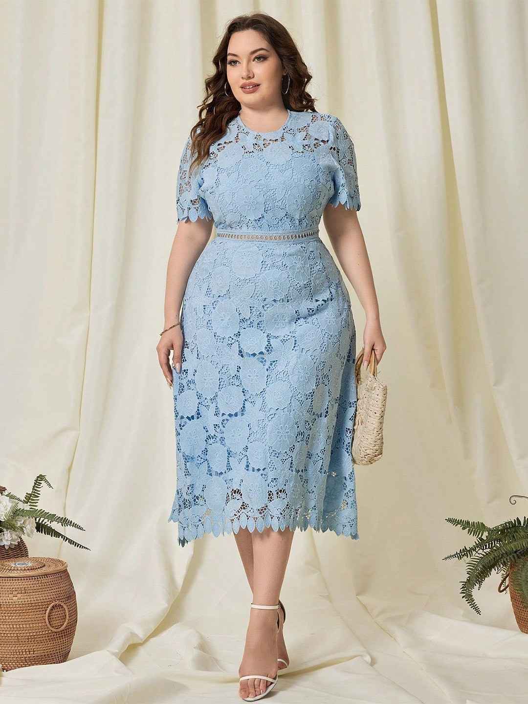 Sztori Plus Size Floral Lace Inserts A-Line Midi Dress