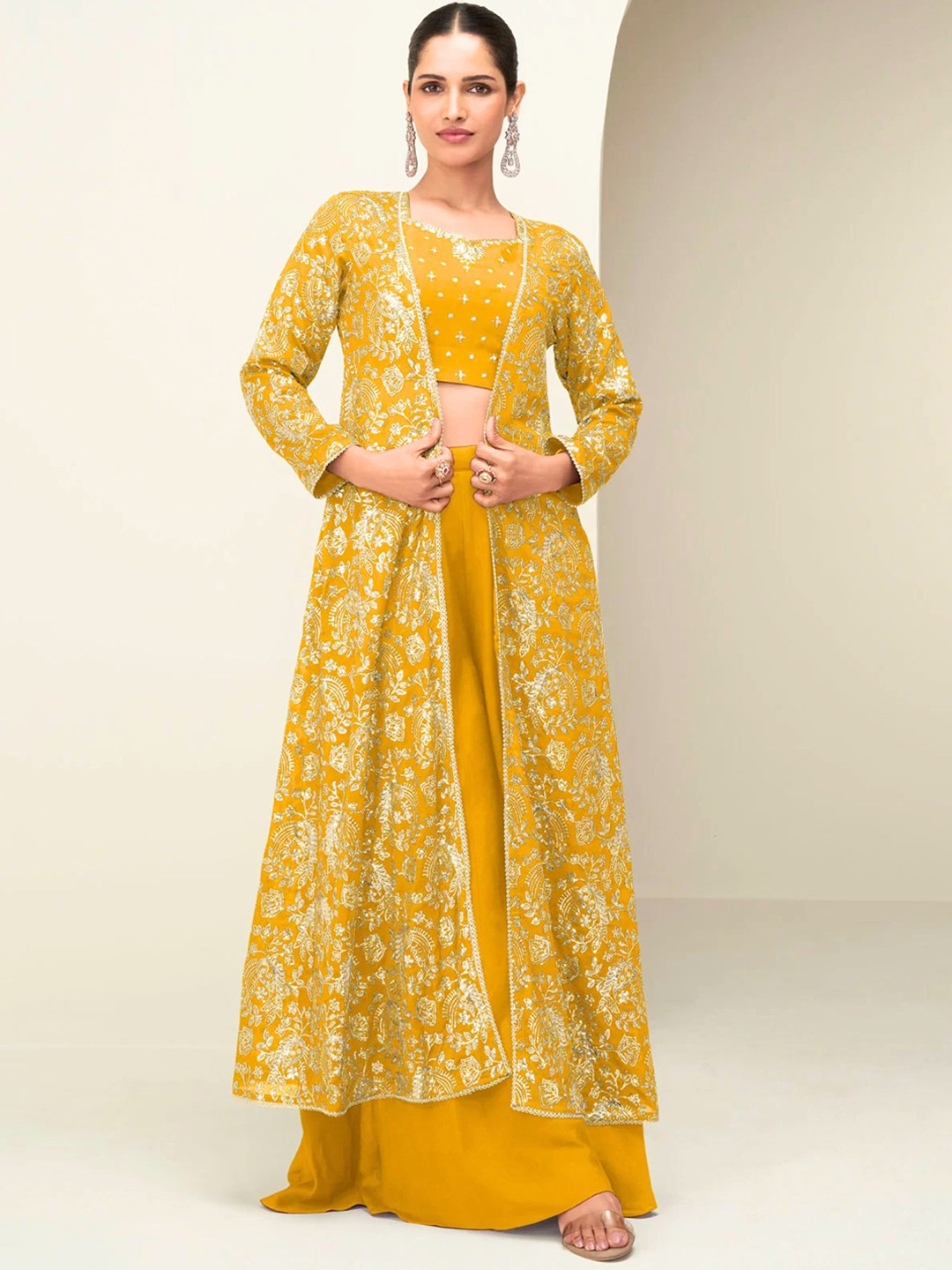 MYROR Floral Embroidered Boat Neck Sequinned Crop Top With Sharara And Jacket