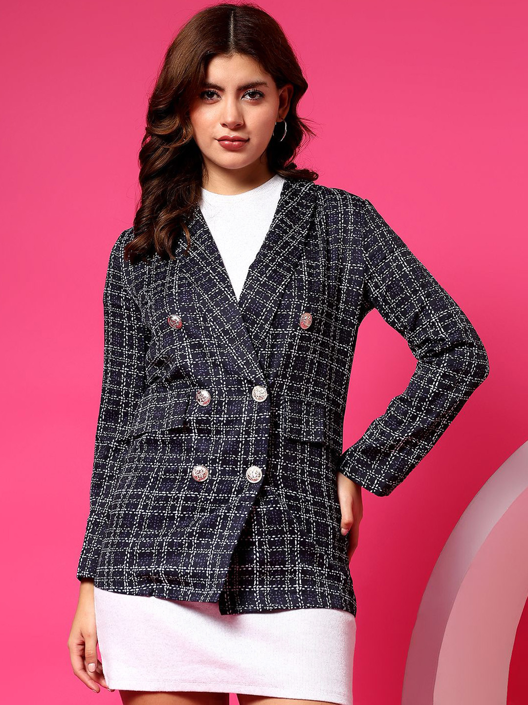 POPCULTR Women Checked Notched Lapel Double-Breasted Blazer