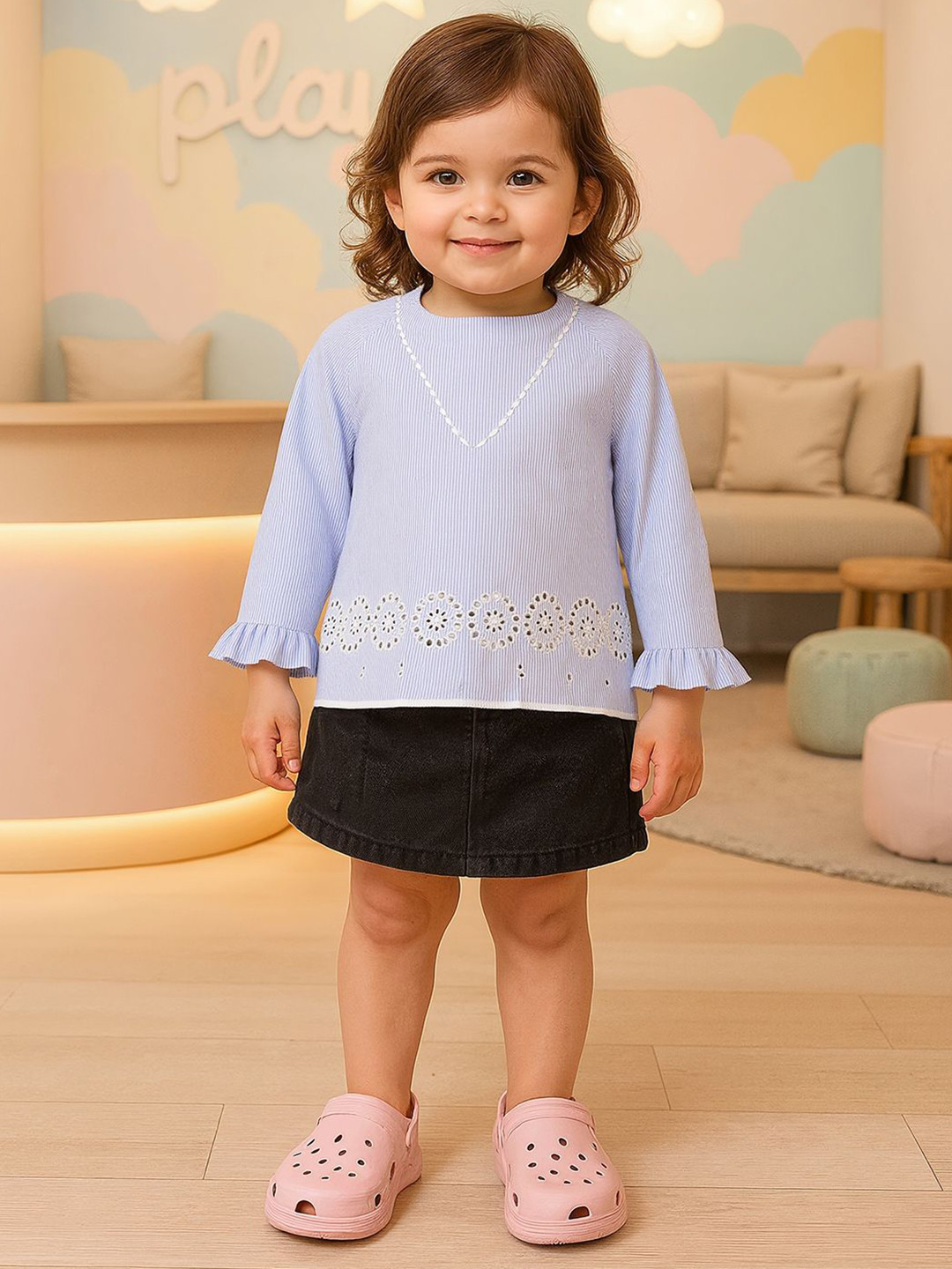 MINI KLUB Girls Blue Striped Round Neck Long Sleeves Pure Cotton Top
