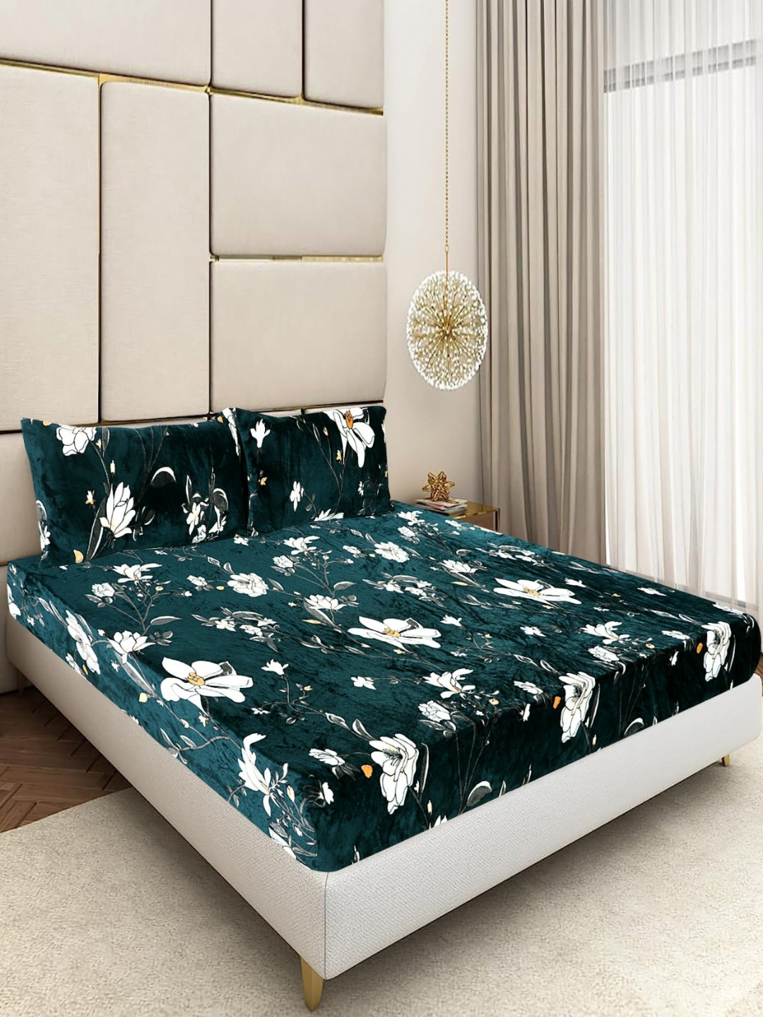 BLUEDOT Teal 300 TC Woolen King Size Fitted Double Bedsheet & 2 Pillow Covers