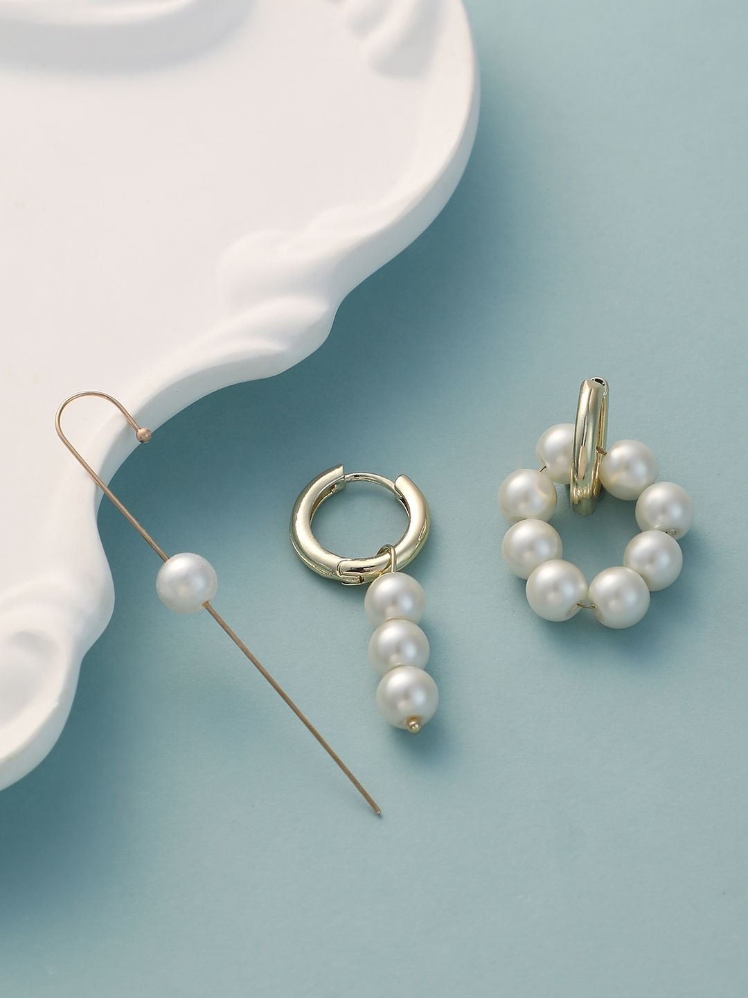 SOHI Set Of 2 Gold-Plated Pearls Mix-N-Match Hoop & Cuff Earrings