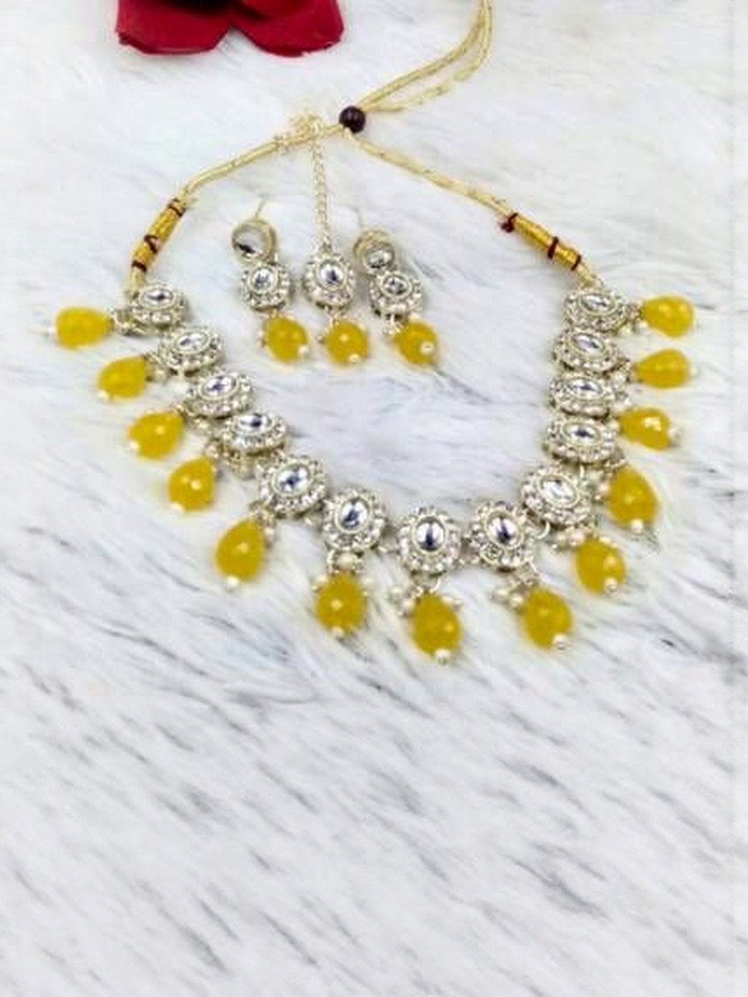 Zefrokart Women Yellow Silver-Plated Ethnic Artificial Stones and Beads Jewellery Set