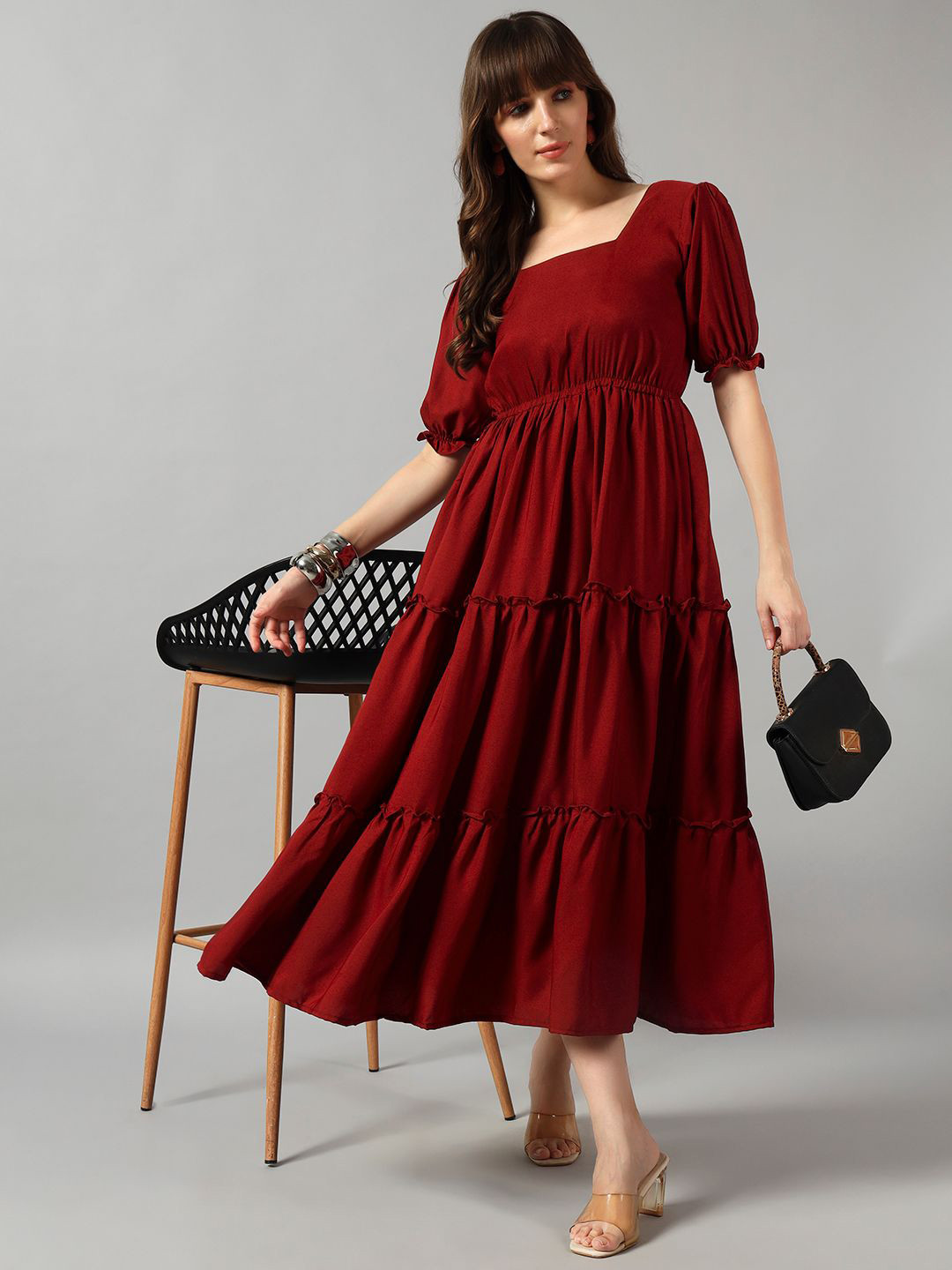 Femvy Square Neck Gathered Or Pleated Casual Fit & Flare Midi Dress