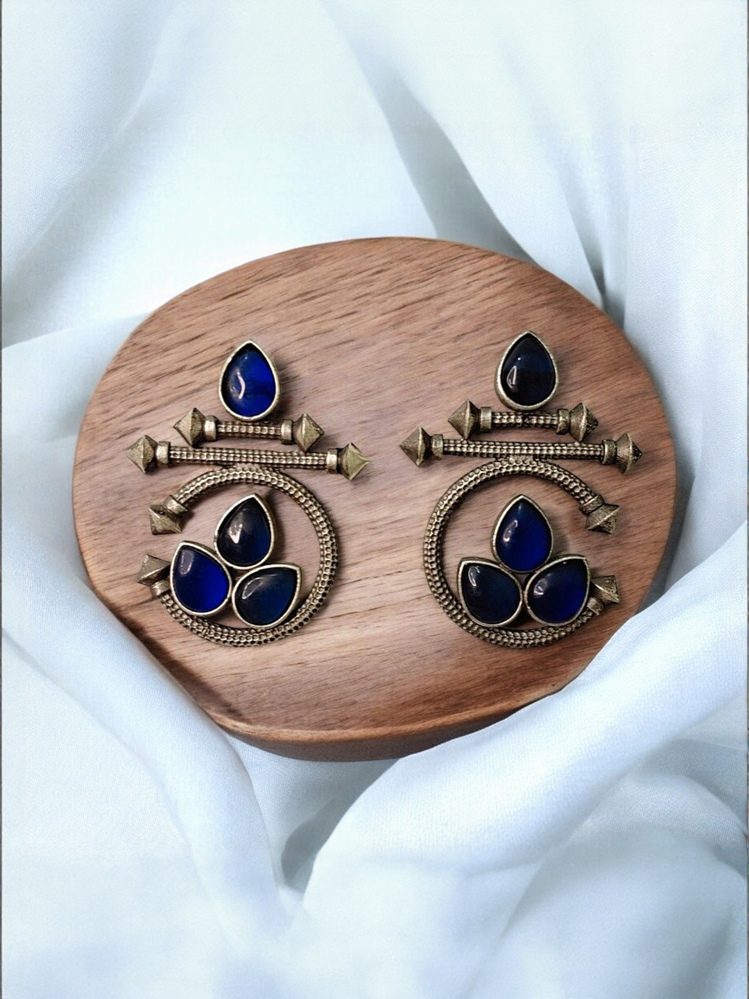 INDIAURA MODE Silver-Plated Stones Studded Oxidized Teardrop Shaped Drop Earrings