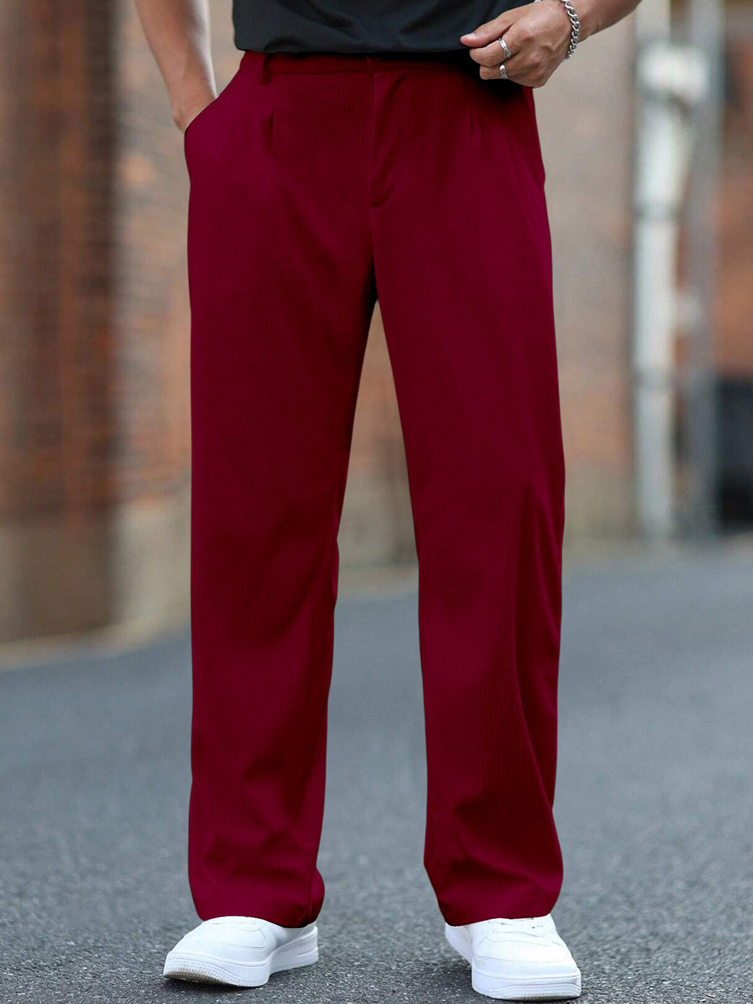 RAJOVATI Men Striped Pleated Chinos Trousers