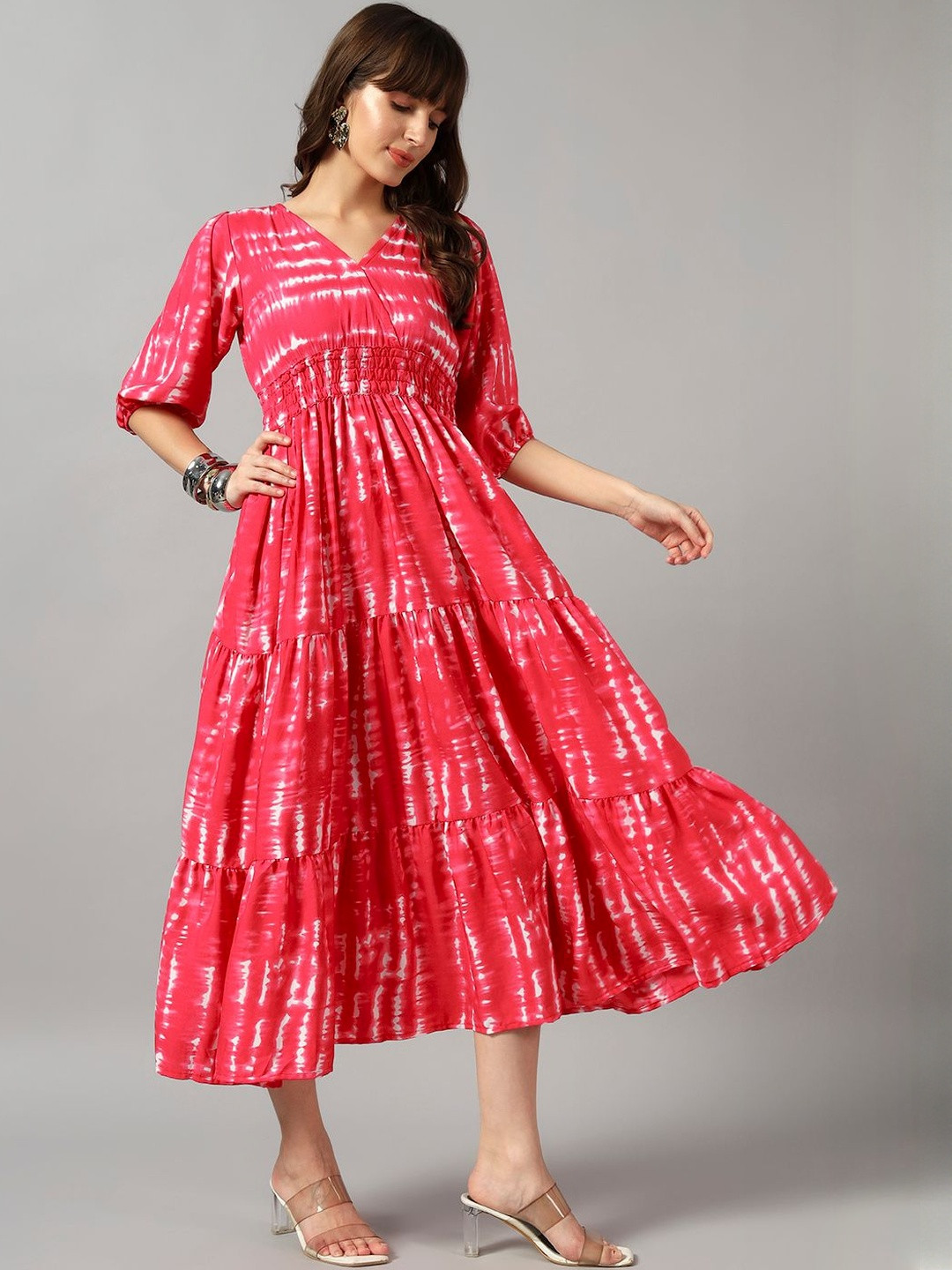 Jash Creation Women Printed Crepe V-Neck Tiered Long Dress Flared Maxi Kurti