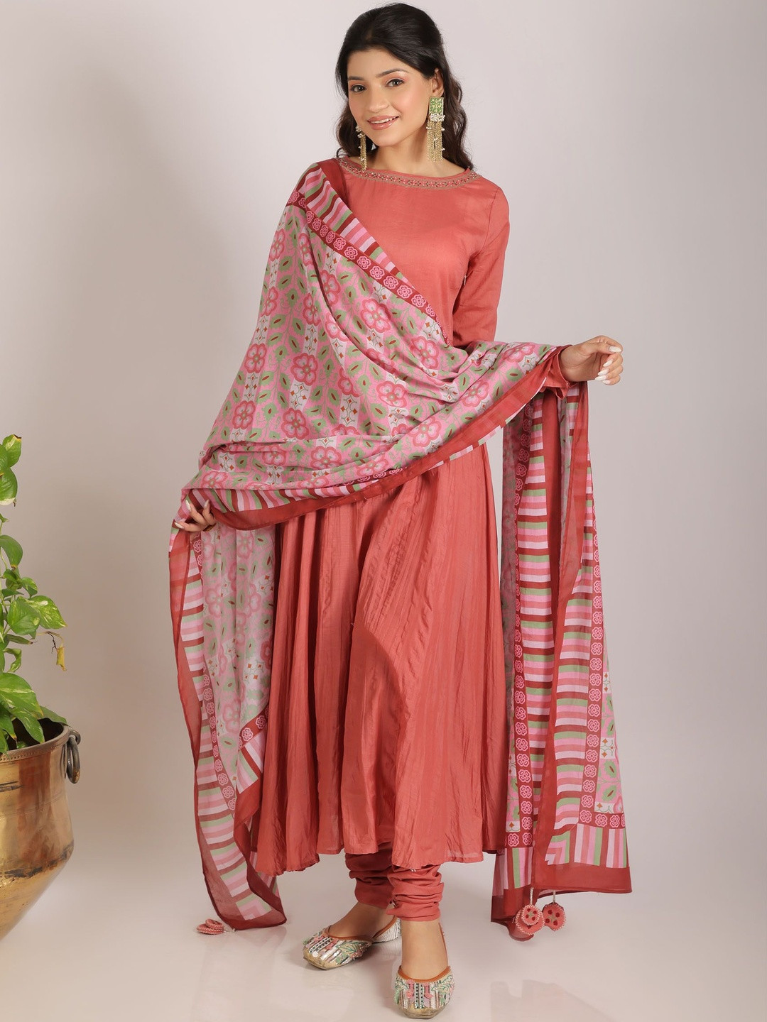 GRASS & SUNSHINE Women Embroidered Cotton Anarkali Kurta with Churidar & Dupatta
