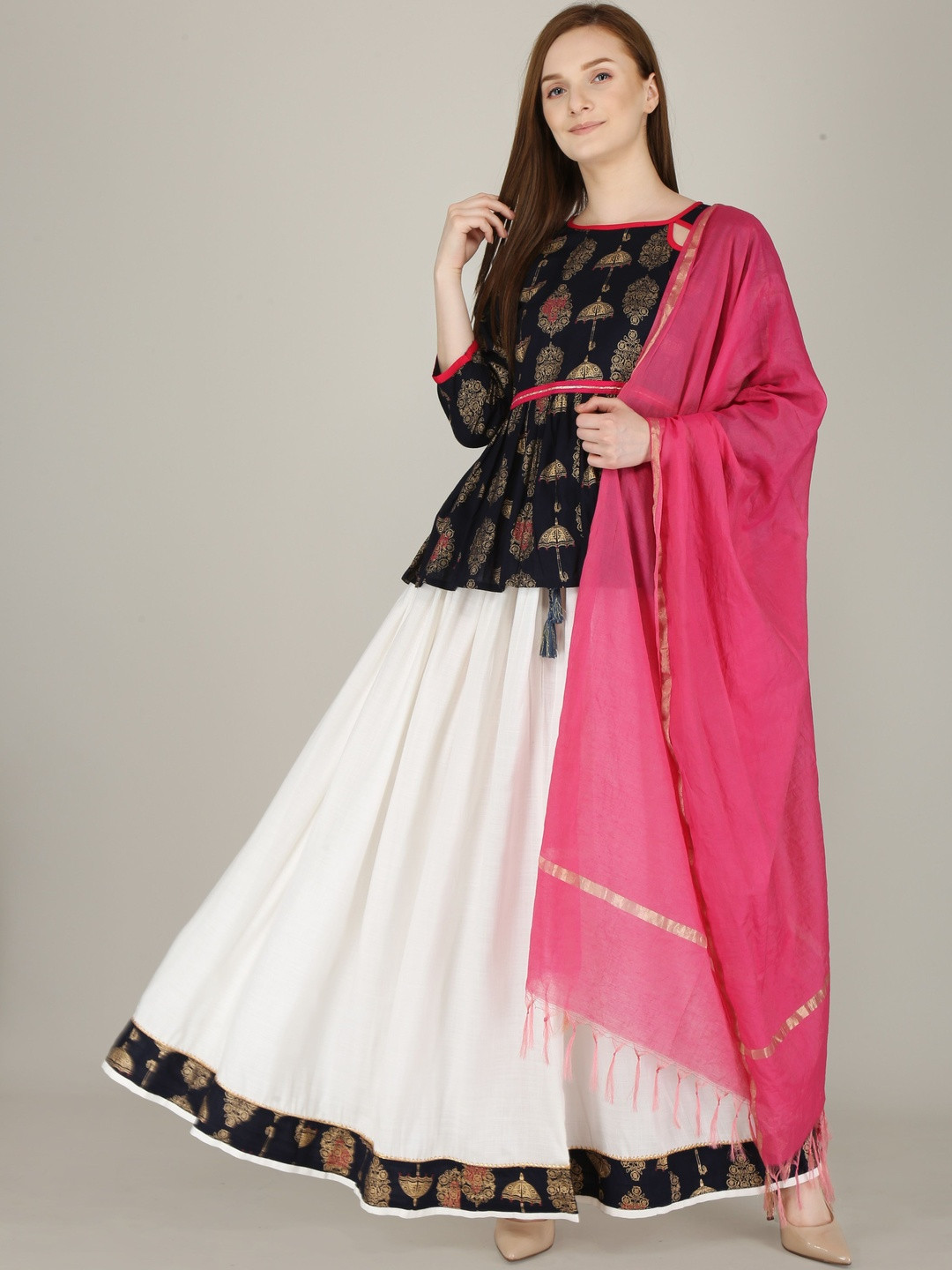 Little Lady Ethnic Motifs Keyhole Neck Printed Empire Kurti With Skirt & Dupatta