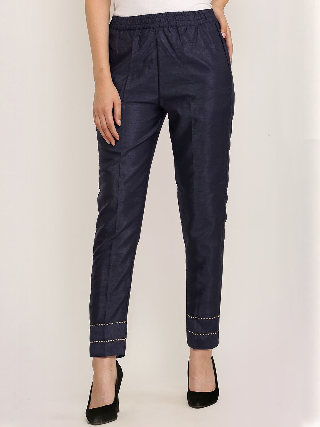 Moda Rapido Women Navy Poly Silk Relaxed Fit Comfort Regular Trousers
