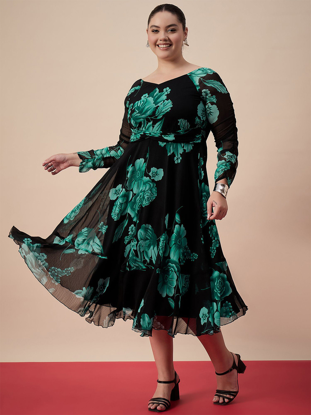 Antheaa Curve  Floral Printed Gathered Or Pleated A-Line Midi Chiffon Dress