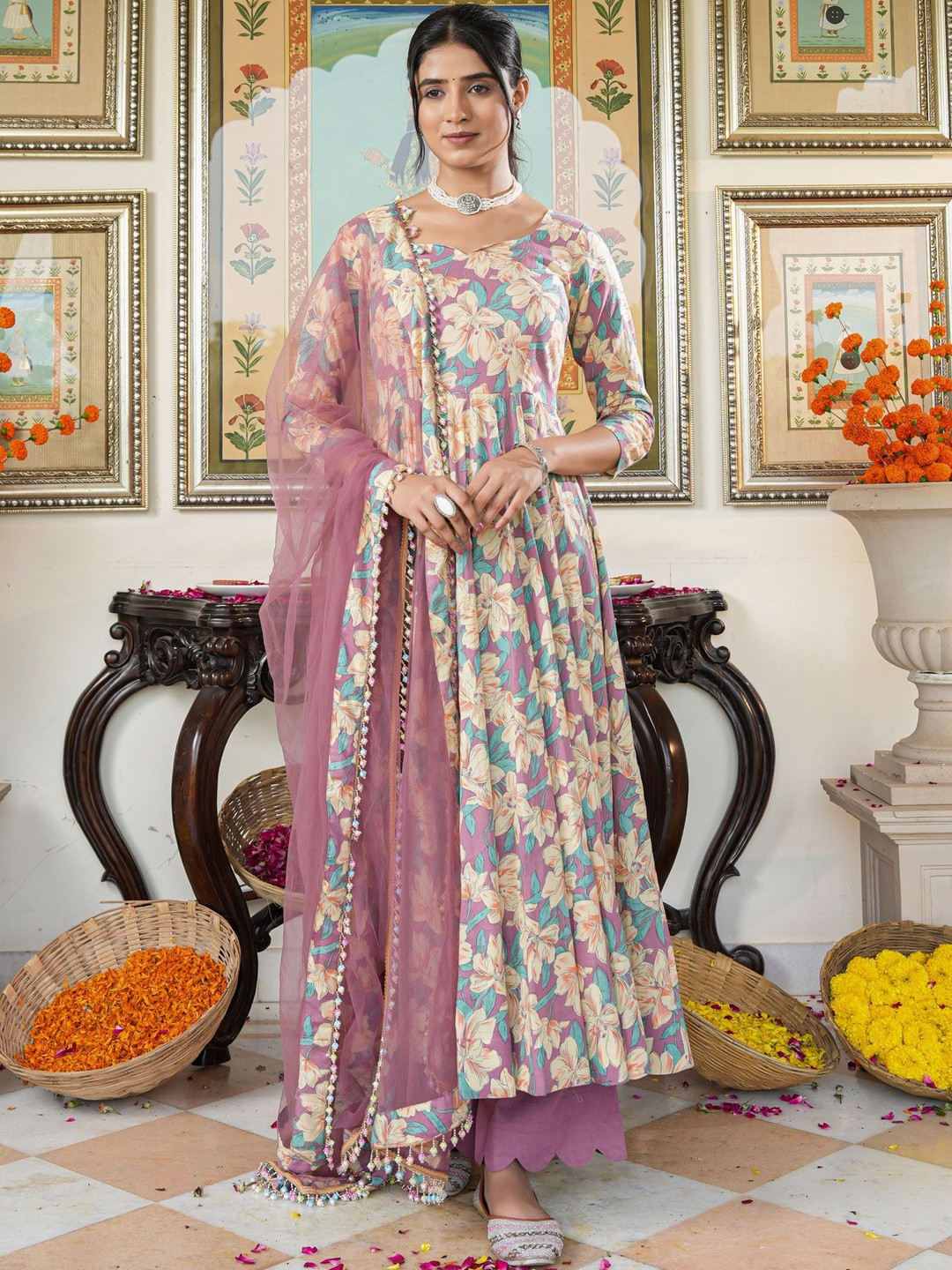 Indian Virasat Women Floral Printed Anarkali Pleated Cotton Kurta & Palazzos With Dupatta